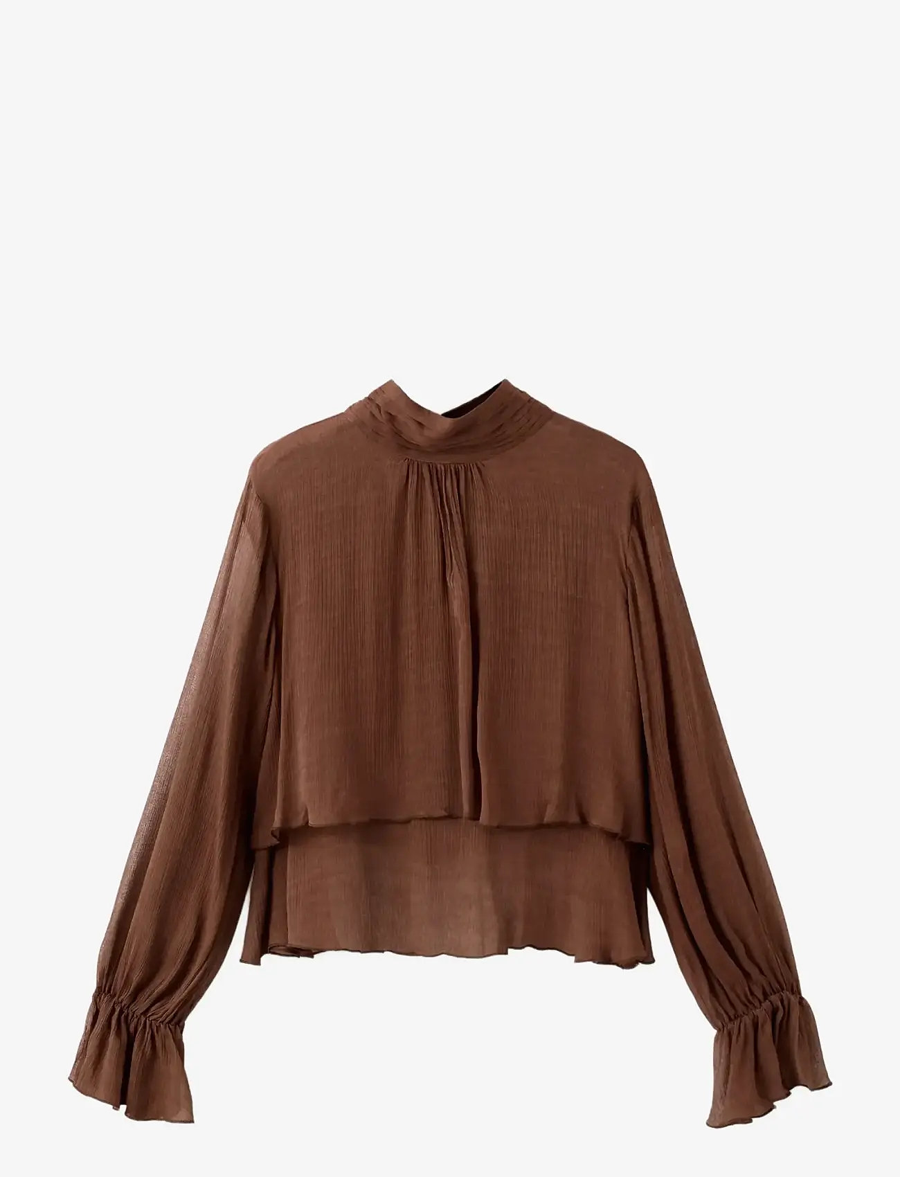 Mango - High-neck frilled blouse - langærmede bluser - brown - 1