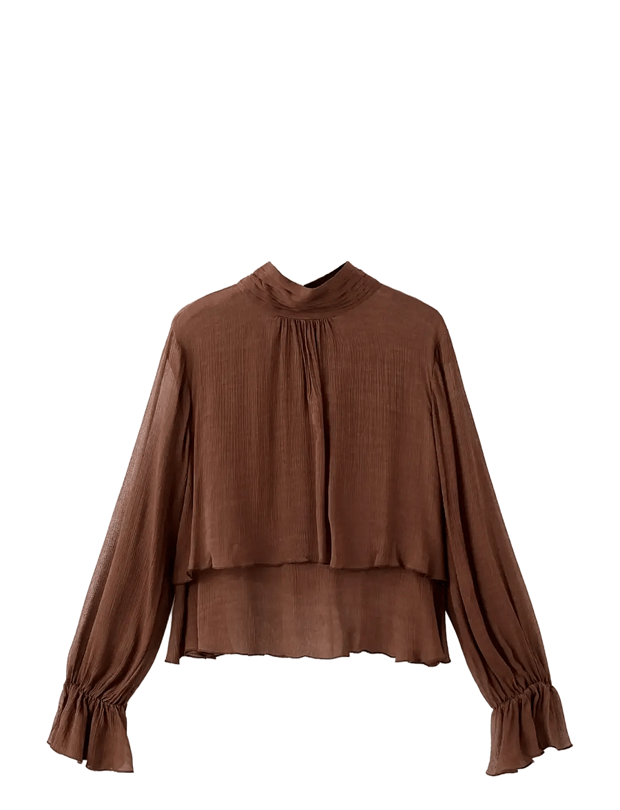 Mango - High-neck frilled blouse - langærmede bluser - brown - 1