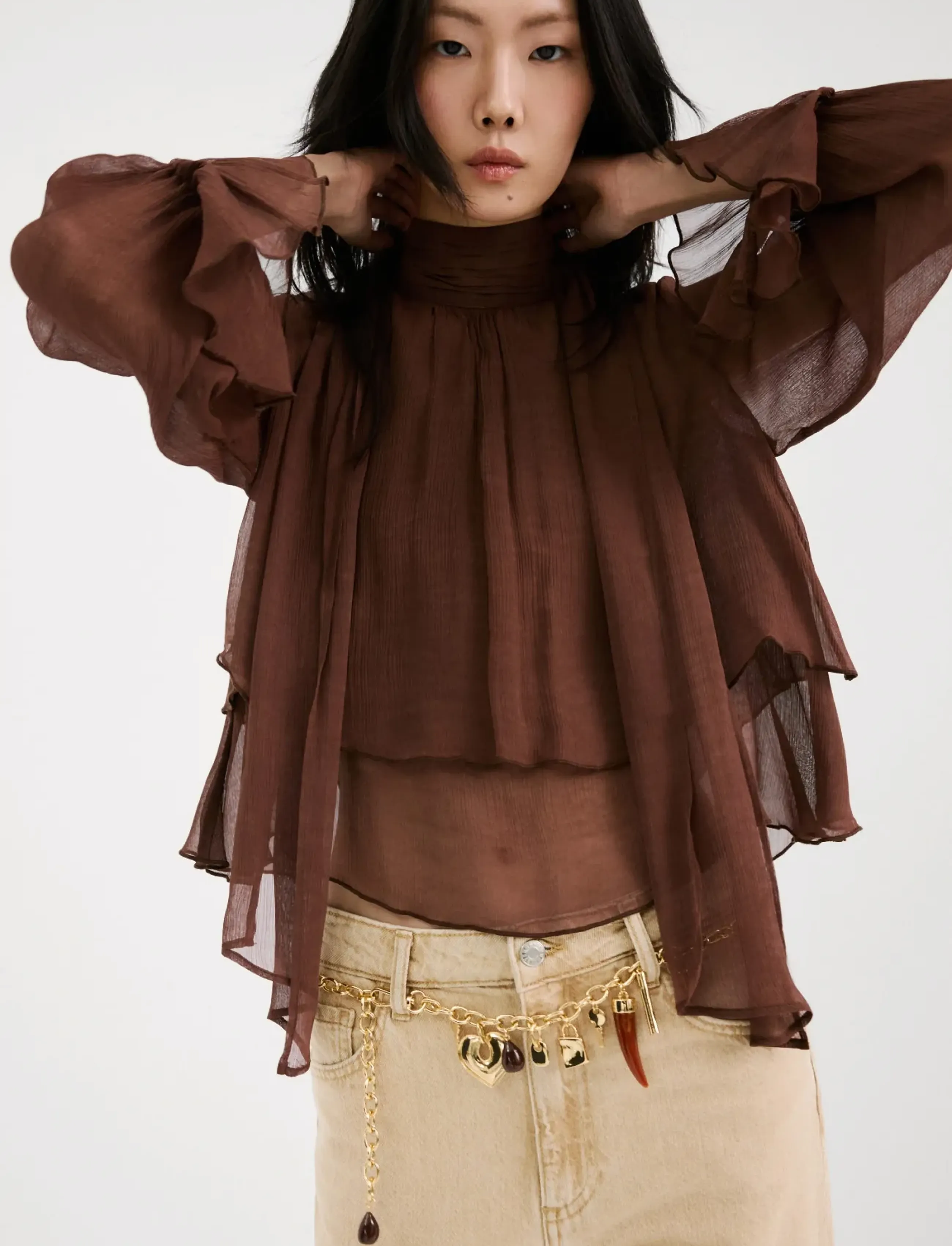 Mango High-Neck Frilled Blouse, M, Blouses, Braun - Long-sleeved, Frauen