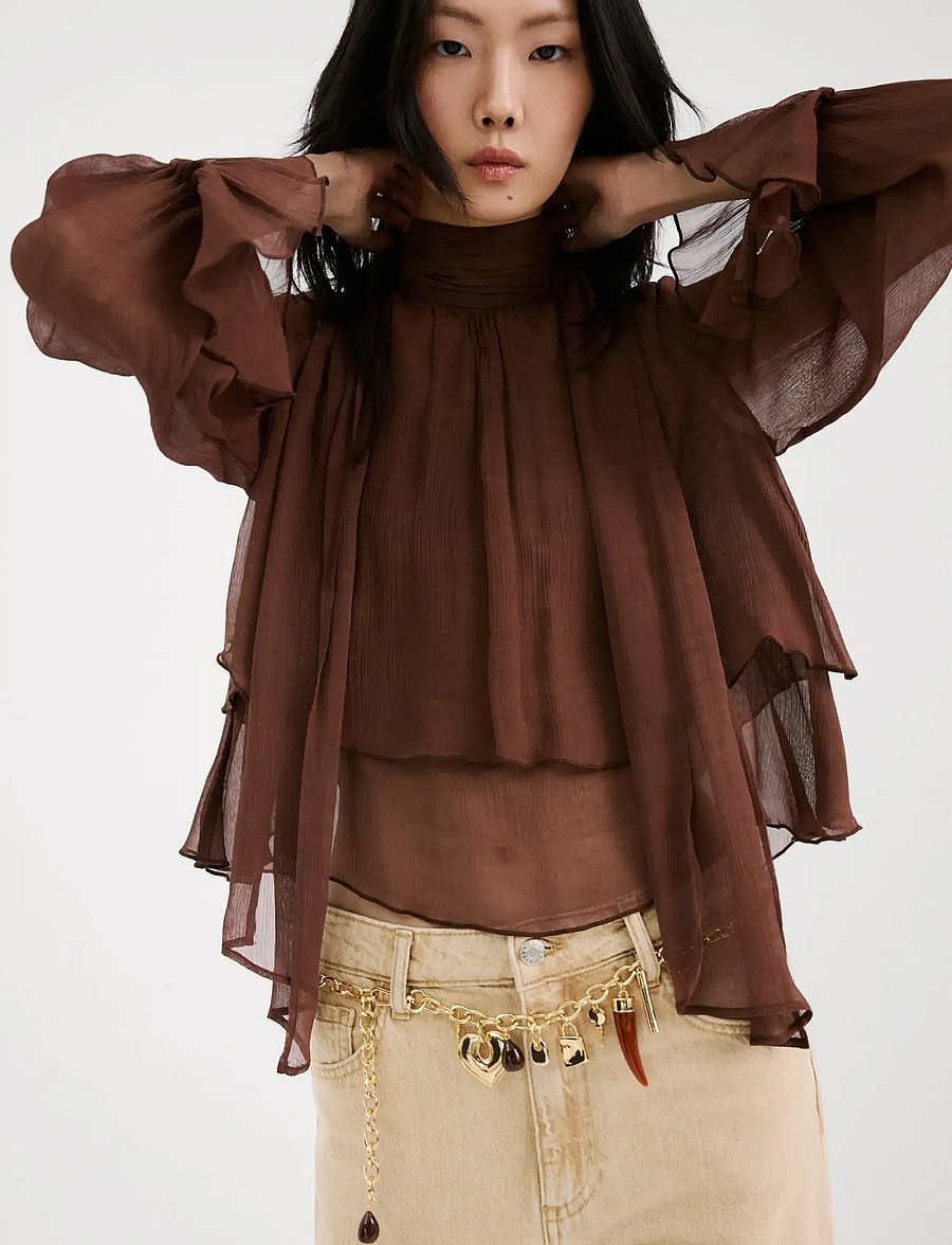 Mango - High-neck frilled blouse - langærmede bluser - brown - 0