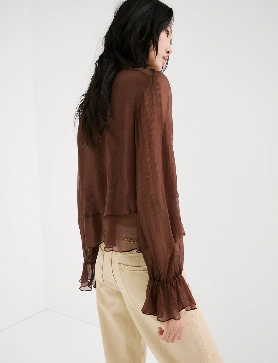 Mango - High-neck frilled blouse - langærmede bluser - brown - 2