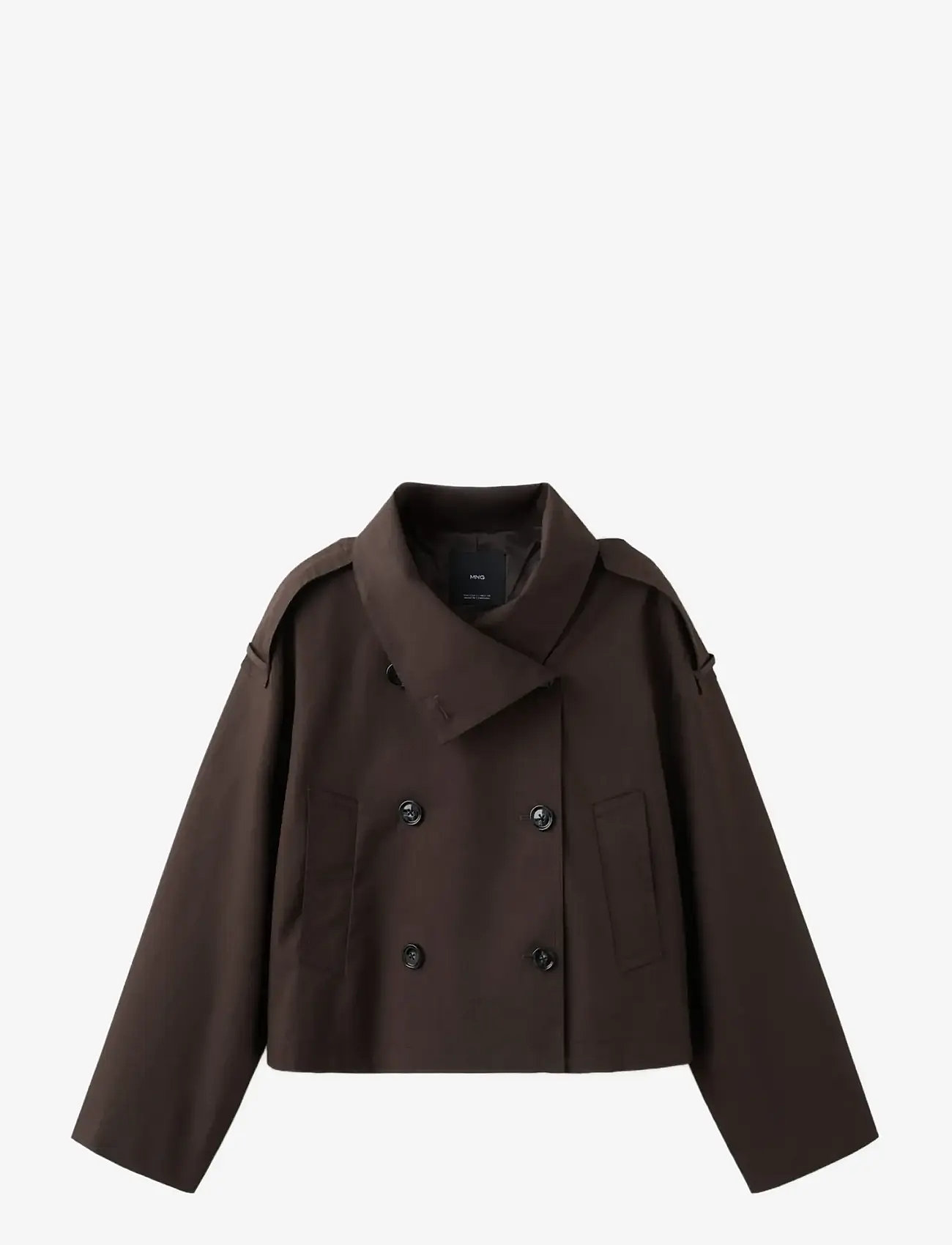 Mango - Funnel neck cropped trench coat - spring jackets - dark brown - 1