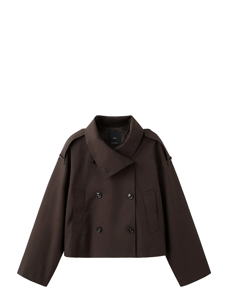 Mango - Funnel neck cropped trench coat - spring jackets - dark brown - 1
