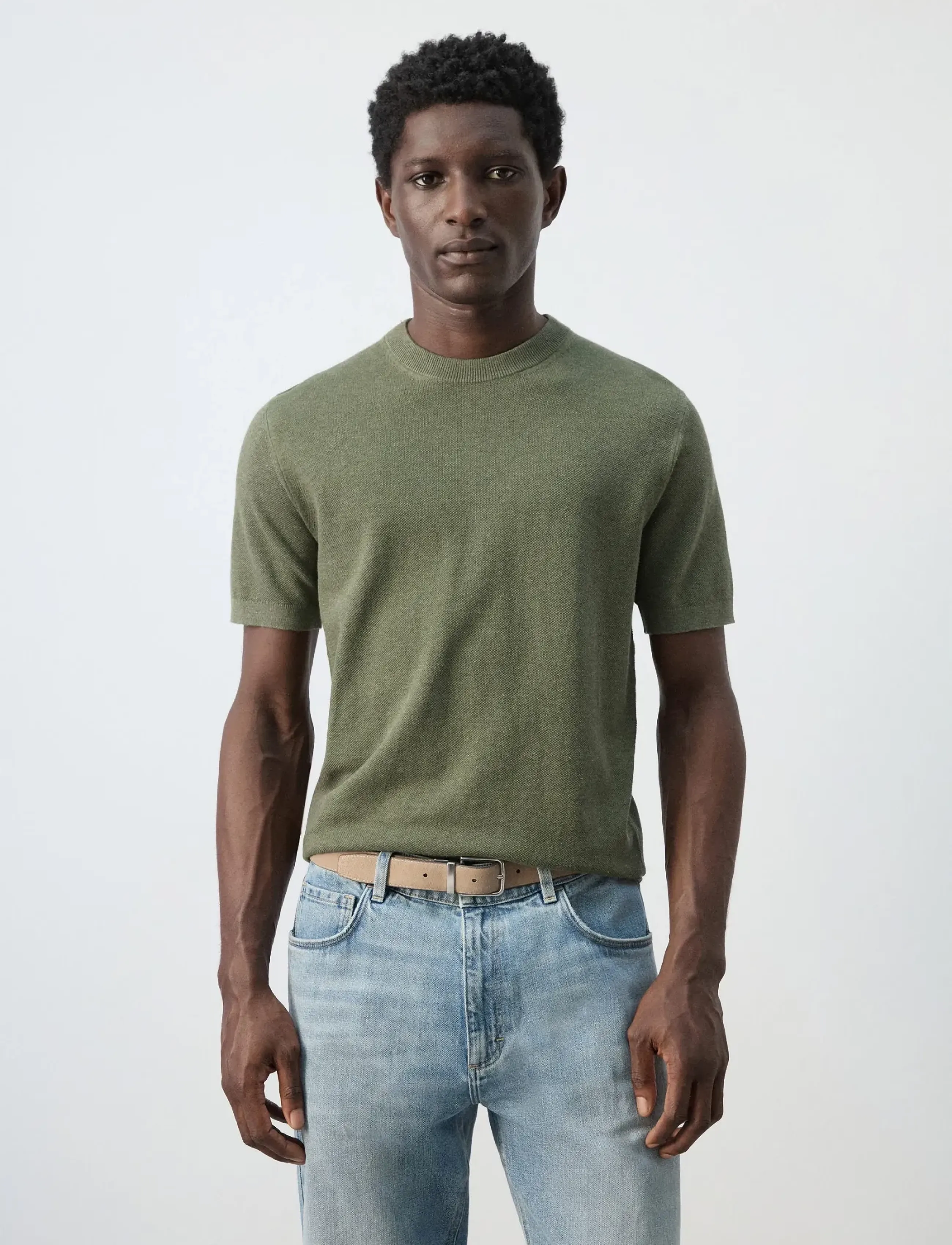 Mango Cotton Fine-Knit T-Shirt, XXL, Khaki green, T-Shirts > Kortærmede, Herre