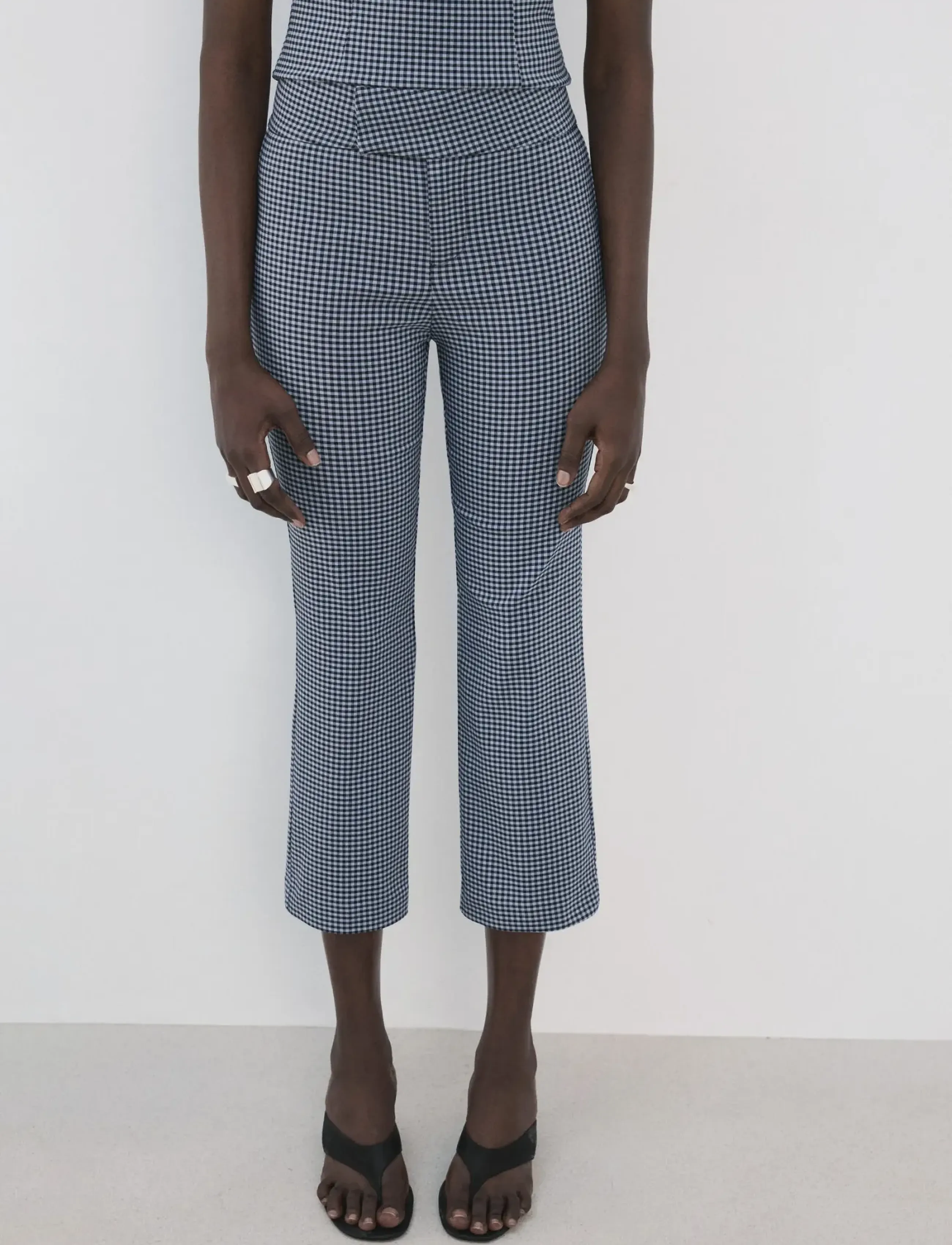 Mango Gingham-Check Cropped Trousers, Kvinder, Ginghamternede Cropped Bukser, Navy, Str: XL