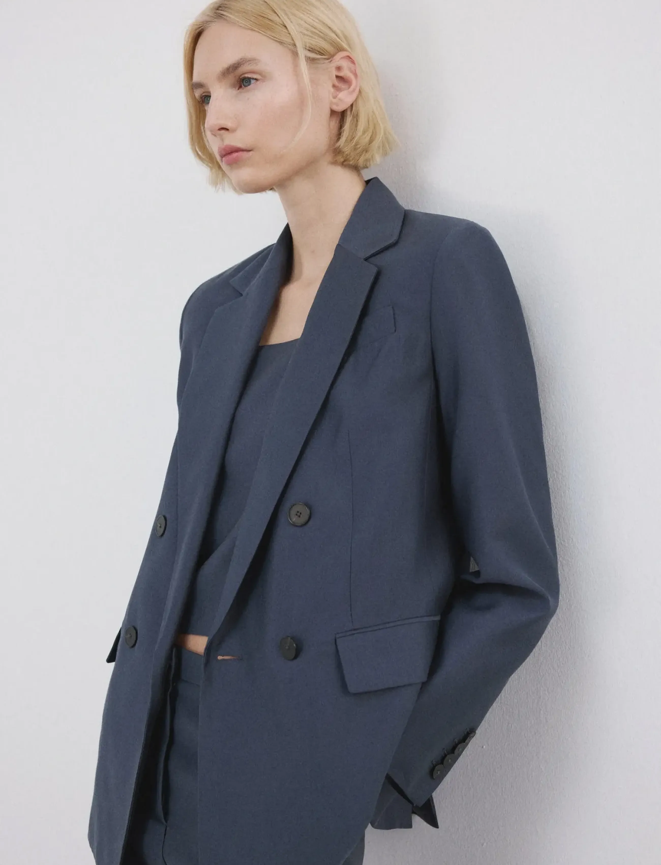 Mango Straight-Fit Lyocell Suit Jacket, Kvinder, Dobbeltradet Blazer, Blå, Str: S