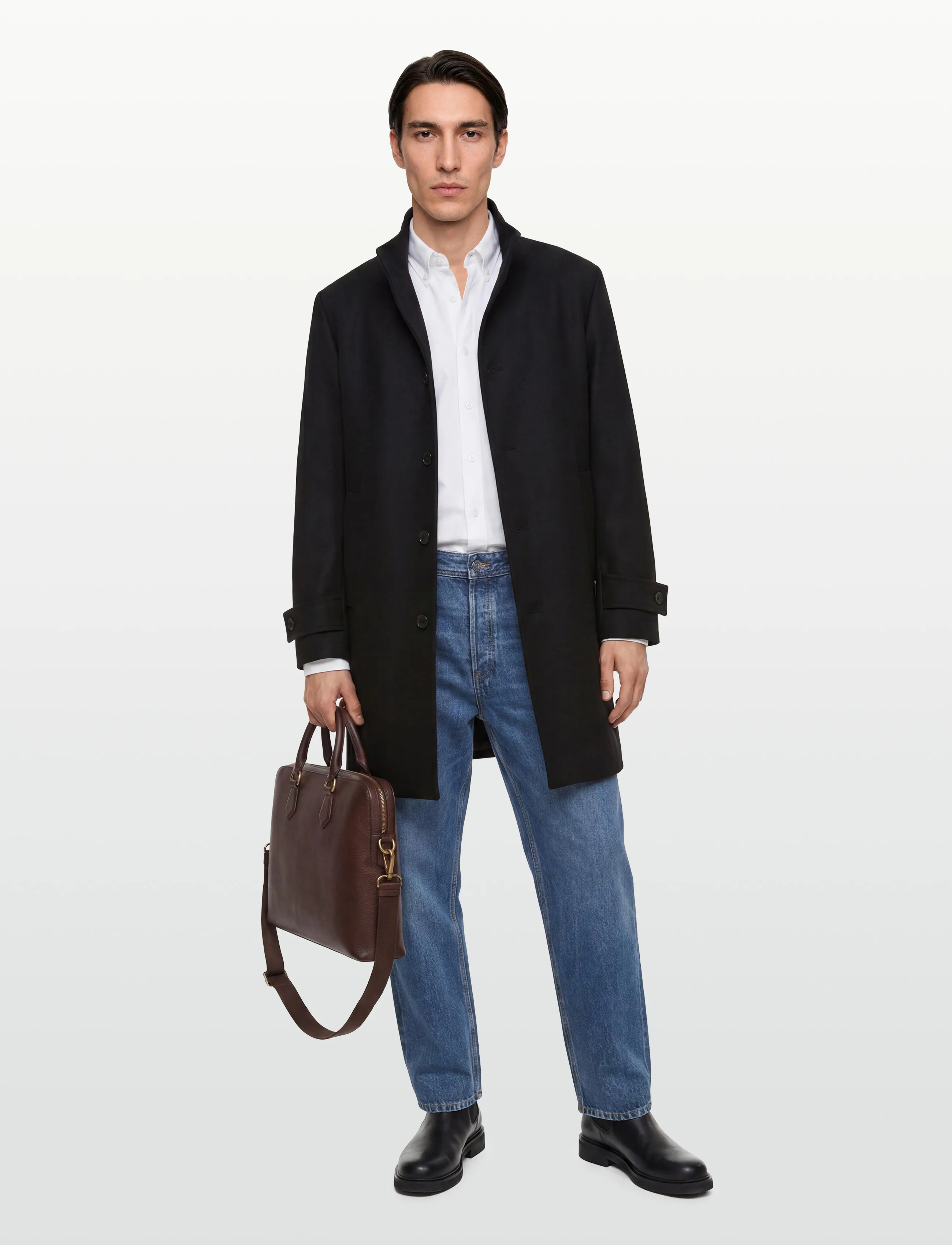 Mango Wool Funnel Neck Coat, M, Coats, Schwarz - Männerswear