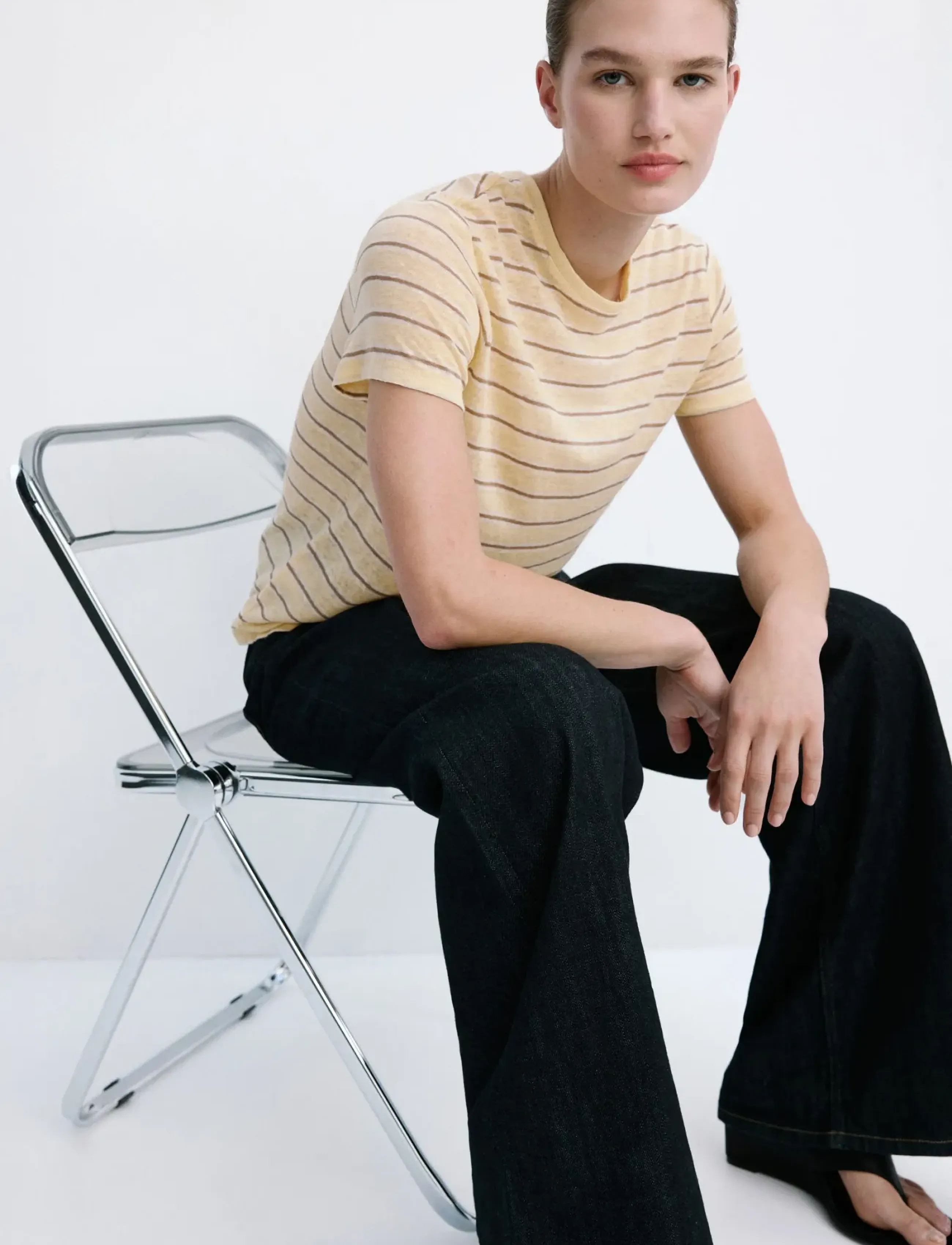 Mango Short-Sleeved Linen T-Shirt, L, Yellow, T-Shirts & Toppe > Kortærmede, Dame