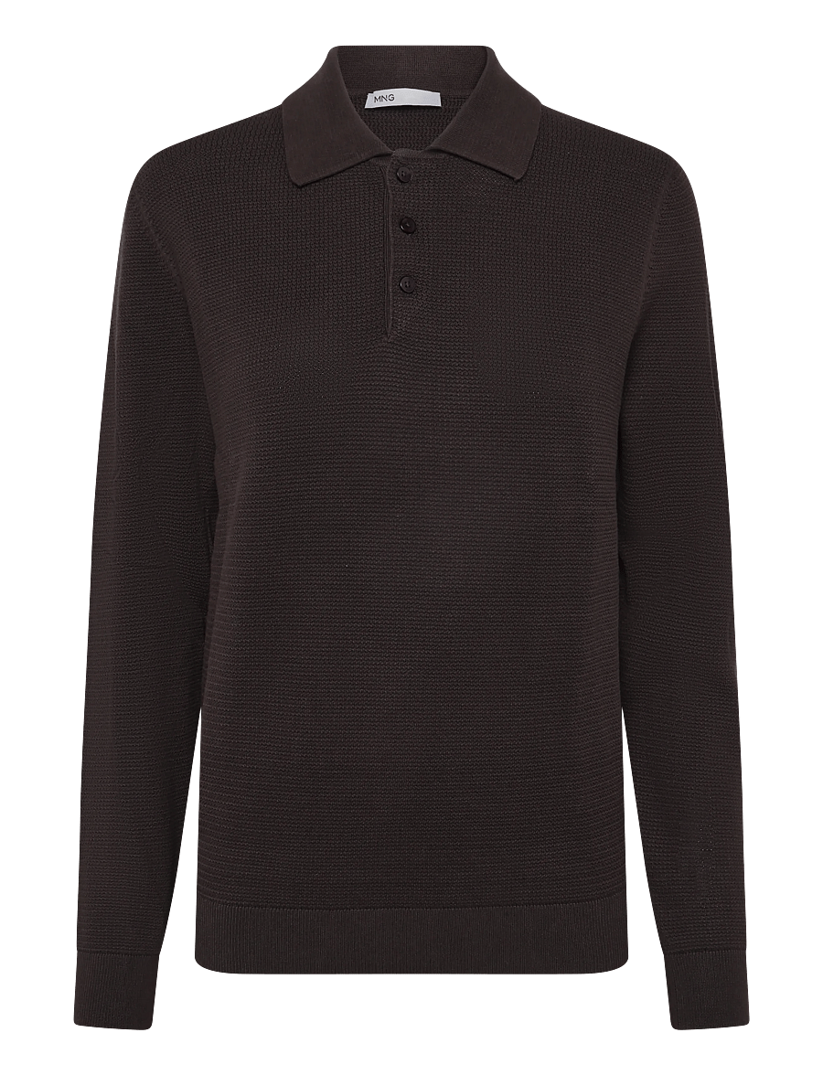 Mango - Fine-knit cotton-blend polo shirt - långärmade stickade pikétröjor - brown - 1