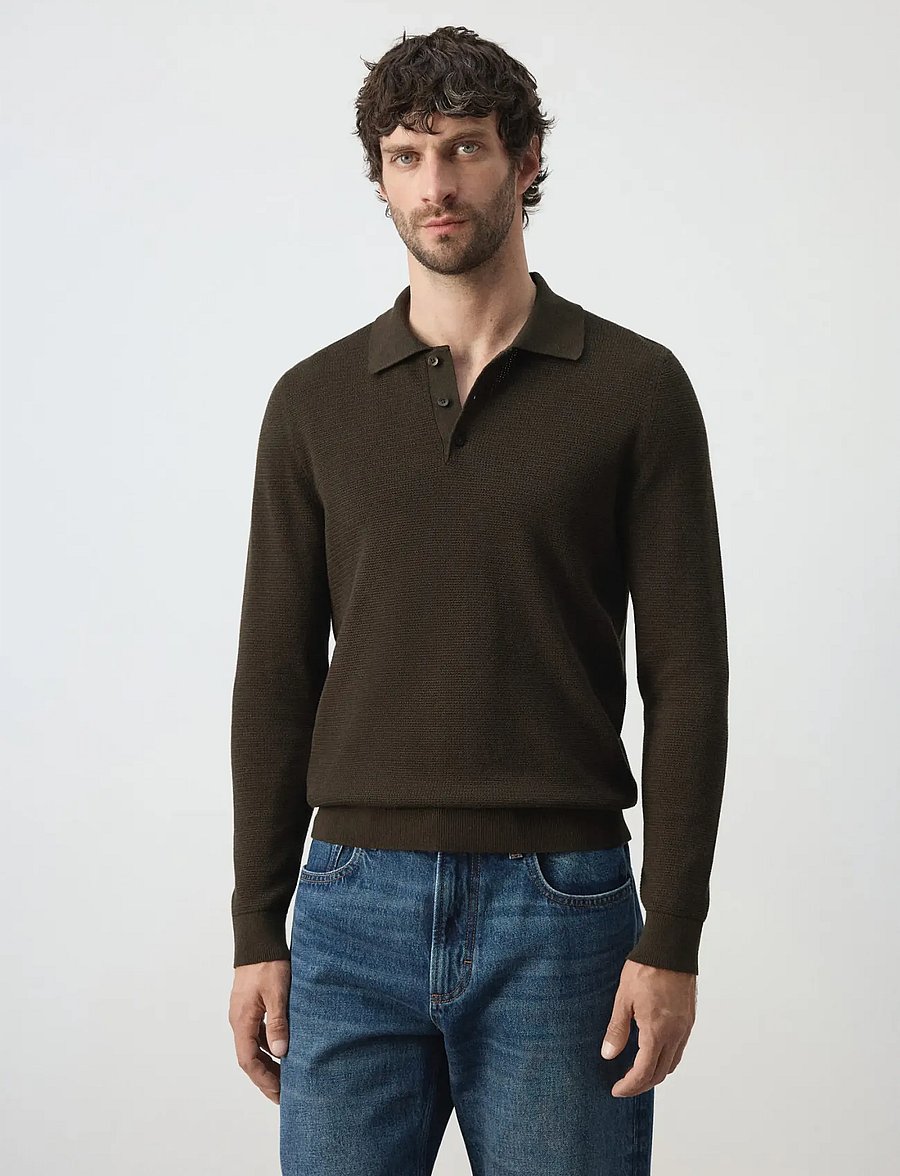 Mango - Fine-knit cotton-blend polo shirt - poloer i strik med lange ærmer - brown - 0