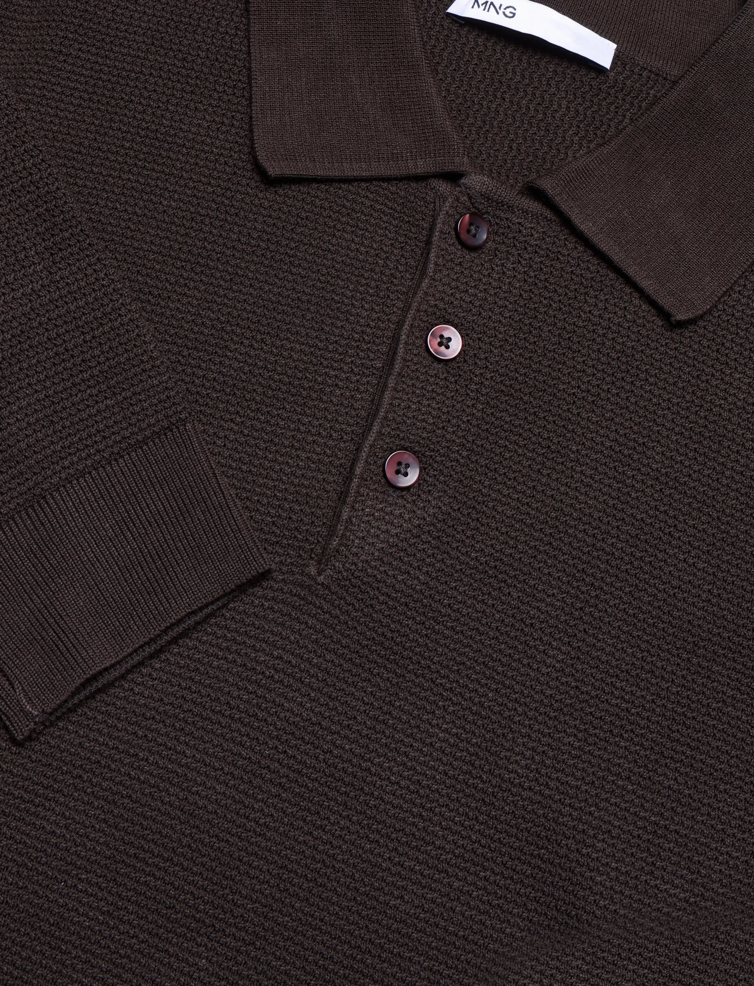 Mango - Fine-knit cotton-blend polo shirt - långärmade stickade pikétröjor - brown - 4