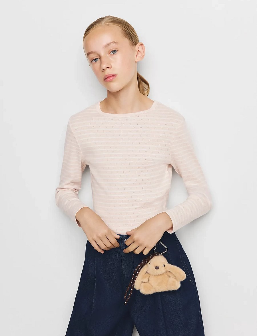 Mango - Striped cotton T-shirt - långärmade t-shirts - lt-pastel pink - 0