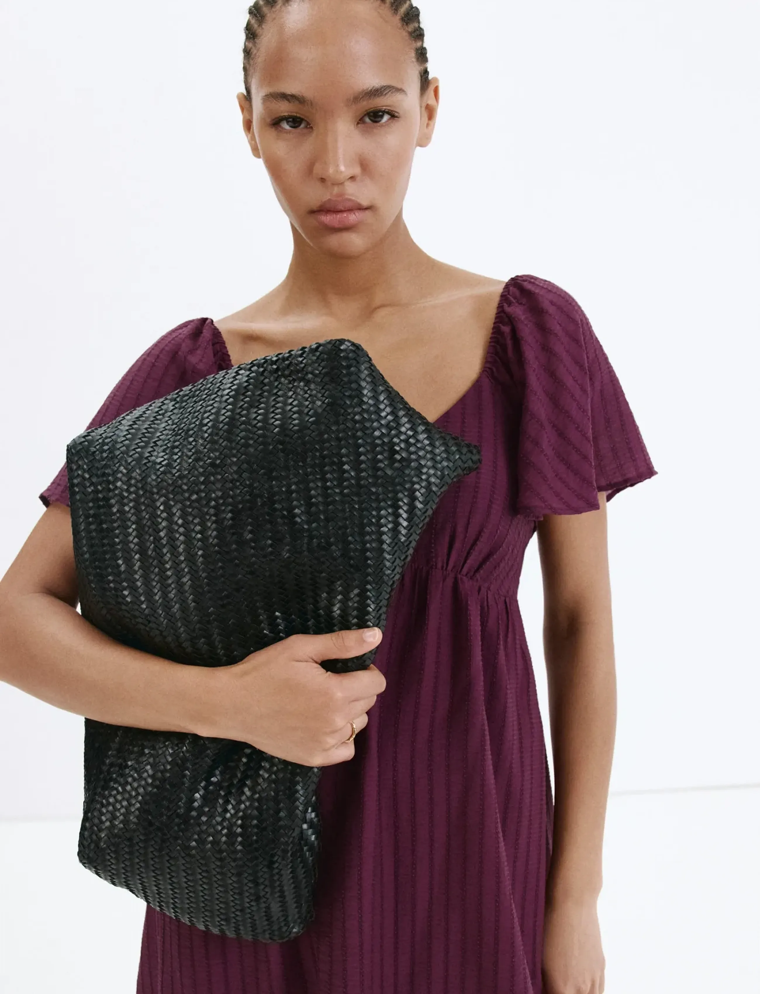 Mango Textured Dress With Gathered Detail, XS, Dresses, Burgunderrot - Knee-length & Midi, Frauen