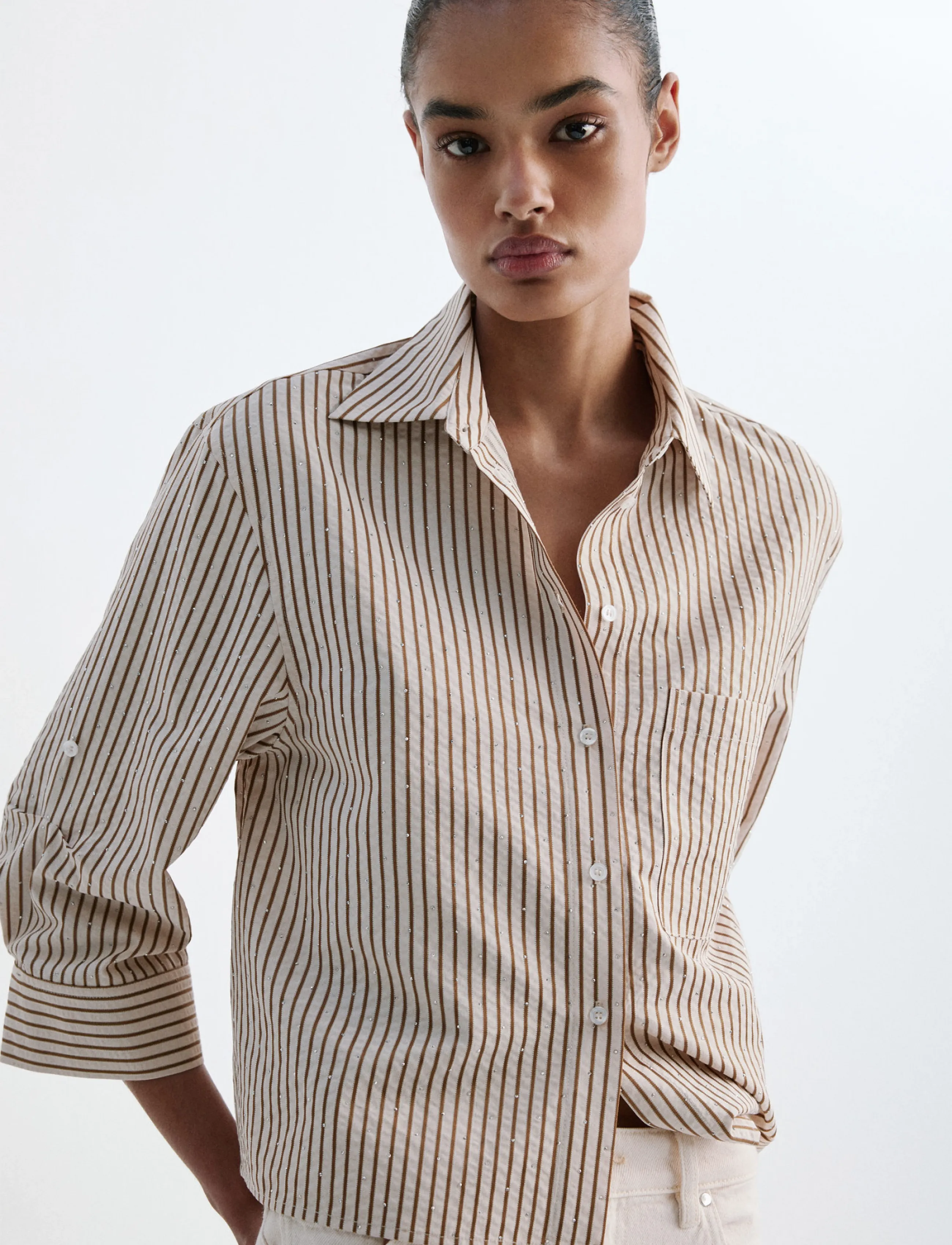 Mango Striped shirt with strass - T-shirts & Toppar - BROWN / brown