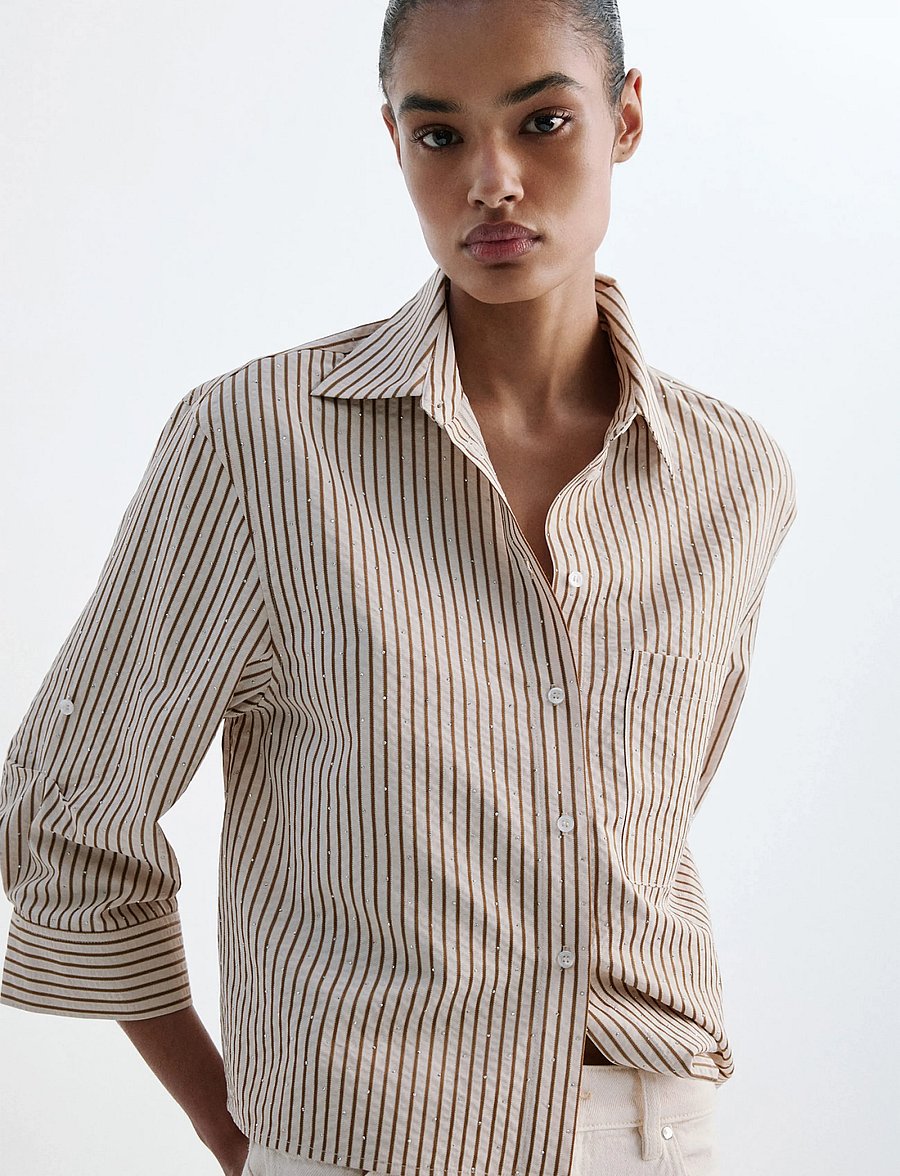 Mango - Striped shirt with strass - langärmlige hemden - brown - 0