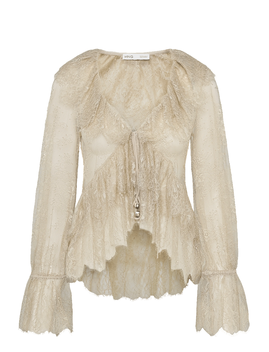 Mango - Lace frill blouse - langermede bluser - lt pastel brown - 0