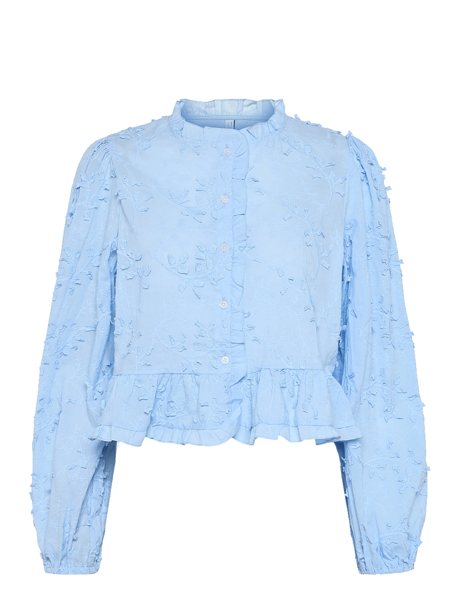 Mango - Embroidered blouse with frill detail - langærmede bluser - medium blue - 1