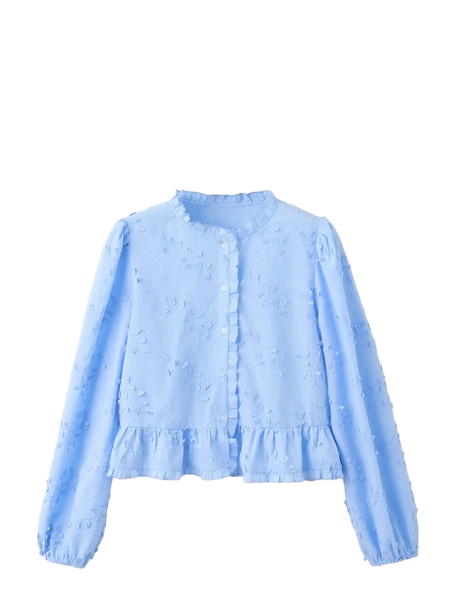 Mango - Embroidered blouse with frill detail - långärmade blusar - medium blue - 1