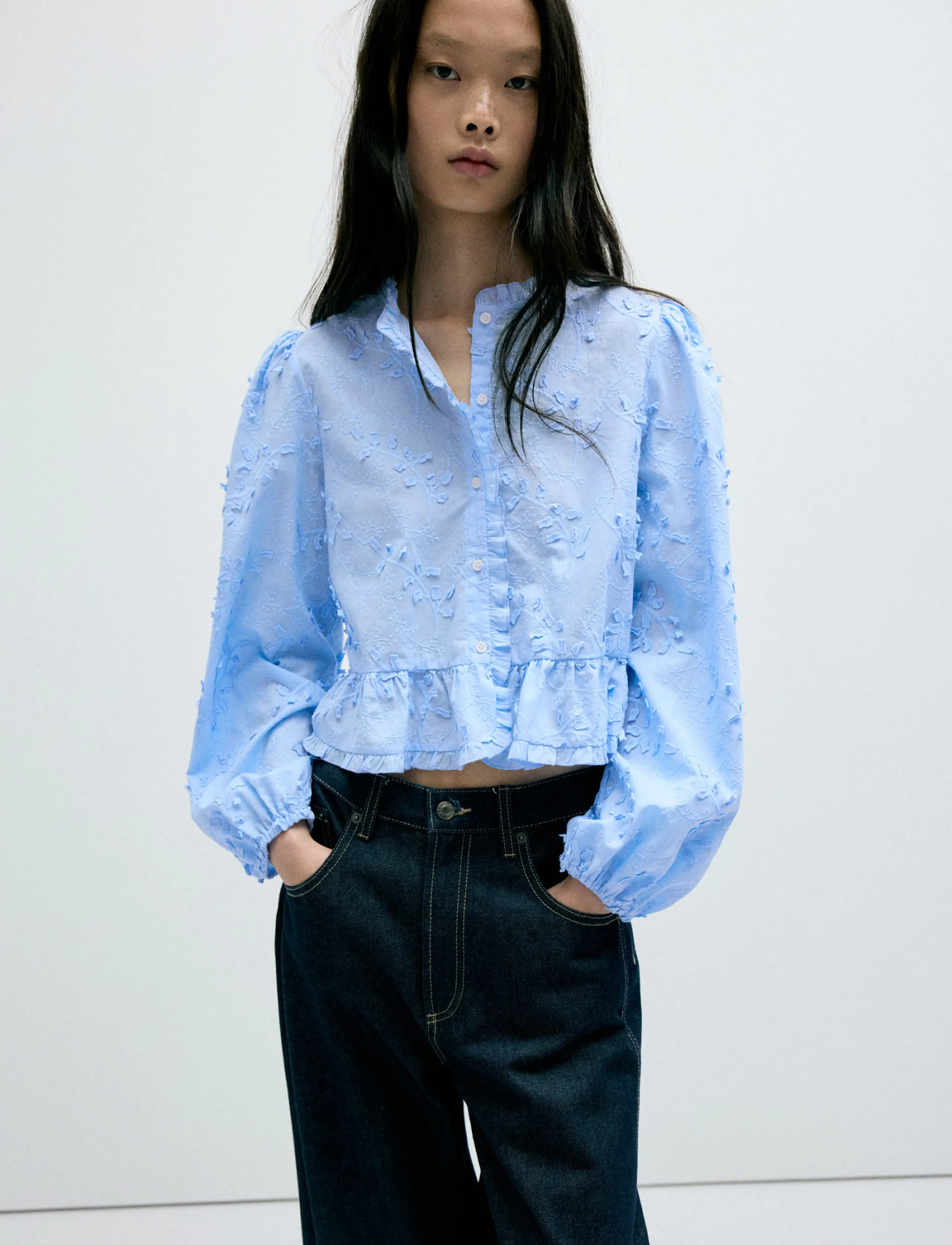 Mango Embroidered Blouse With Frill Detail, XS, Blouses, Blau - Long-sleeved, Frauen