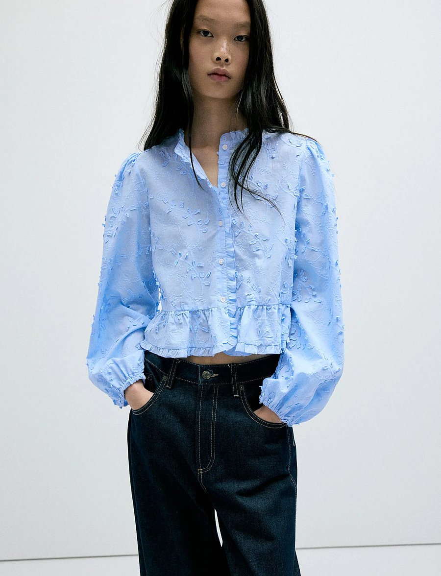 Mango - Embroidered blouse with frill detail - långärmade blusar - medium blue - 0