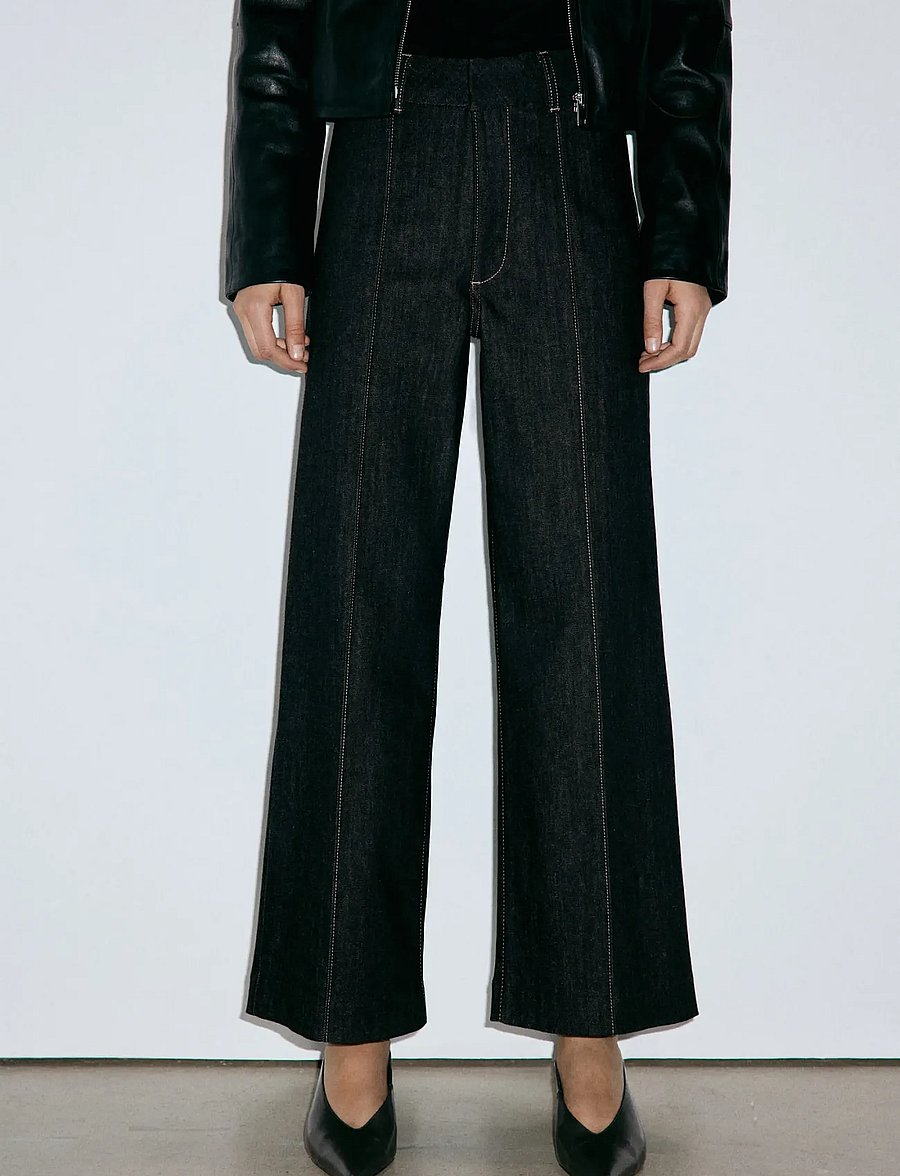 Mango - High-waisted wide leg jeans with stitching - vida jeans - black - 0