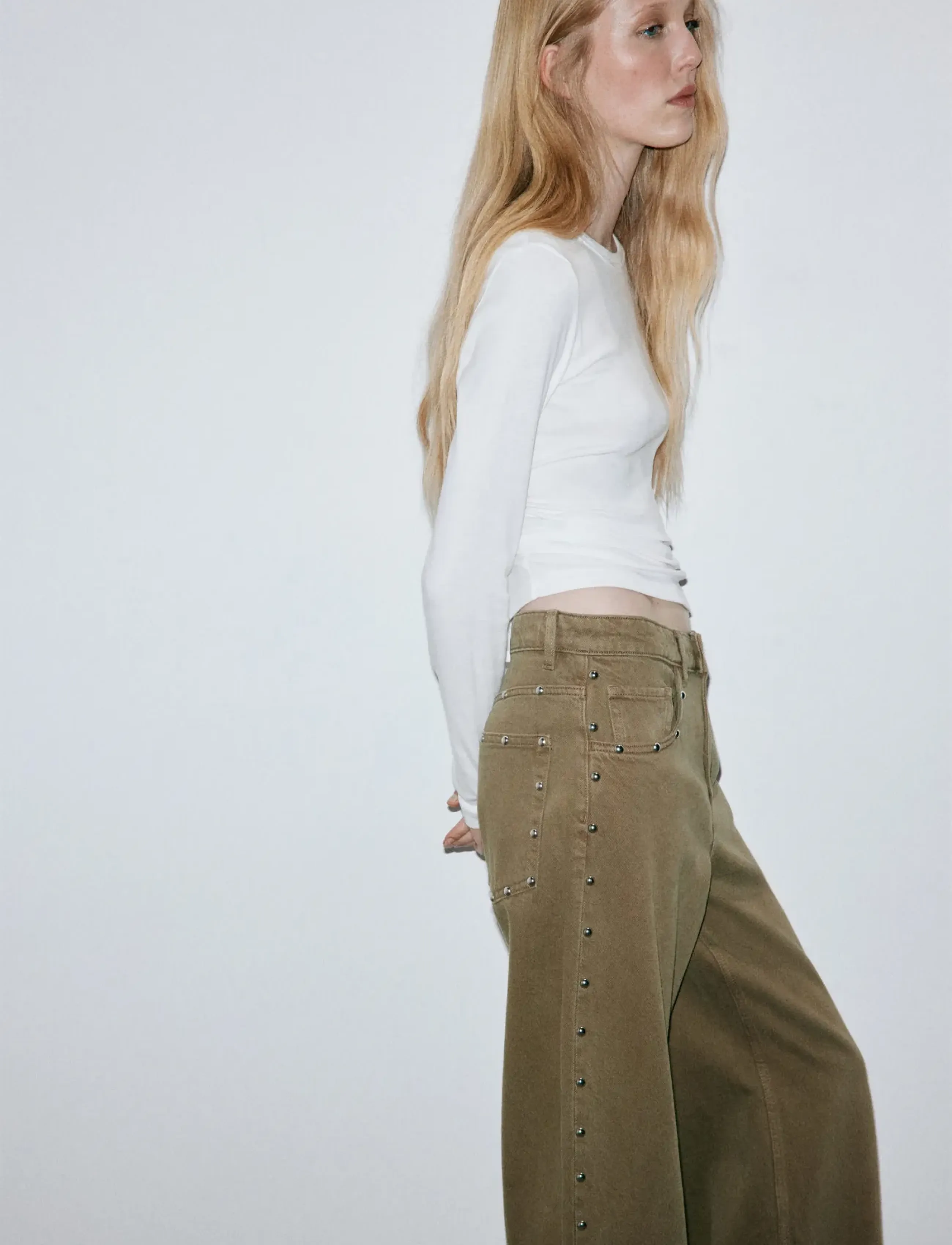 Mango Balloon jeans with studs - Kläder - BEIGE - KHAKI / khaki/green