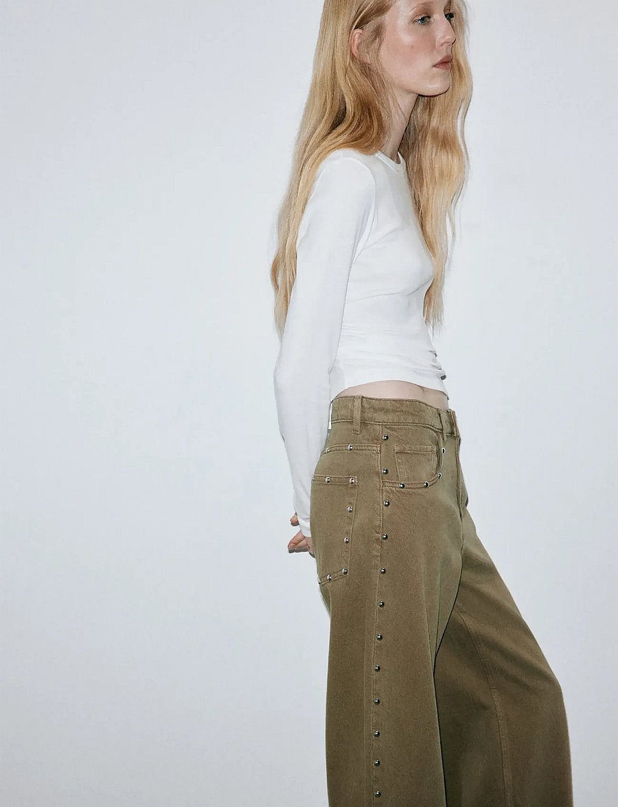Mango - Balloon jeans with studs - barrel jeans - beige - khaki - 0