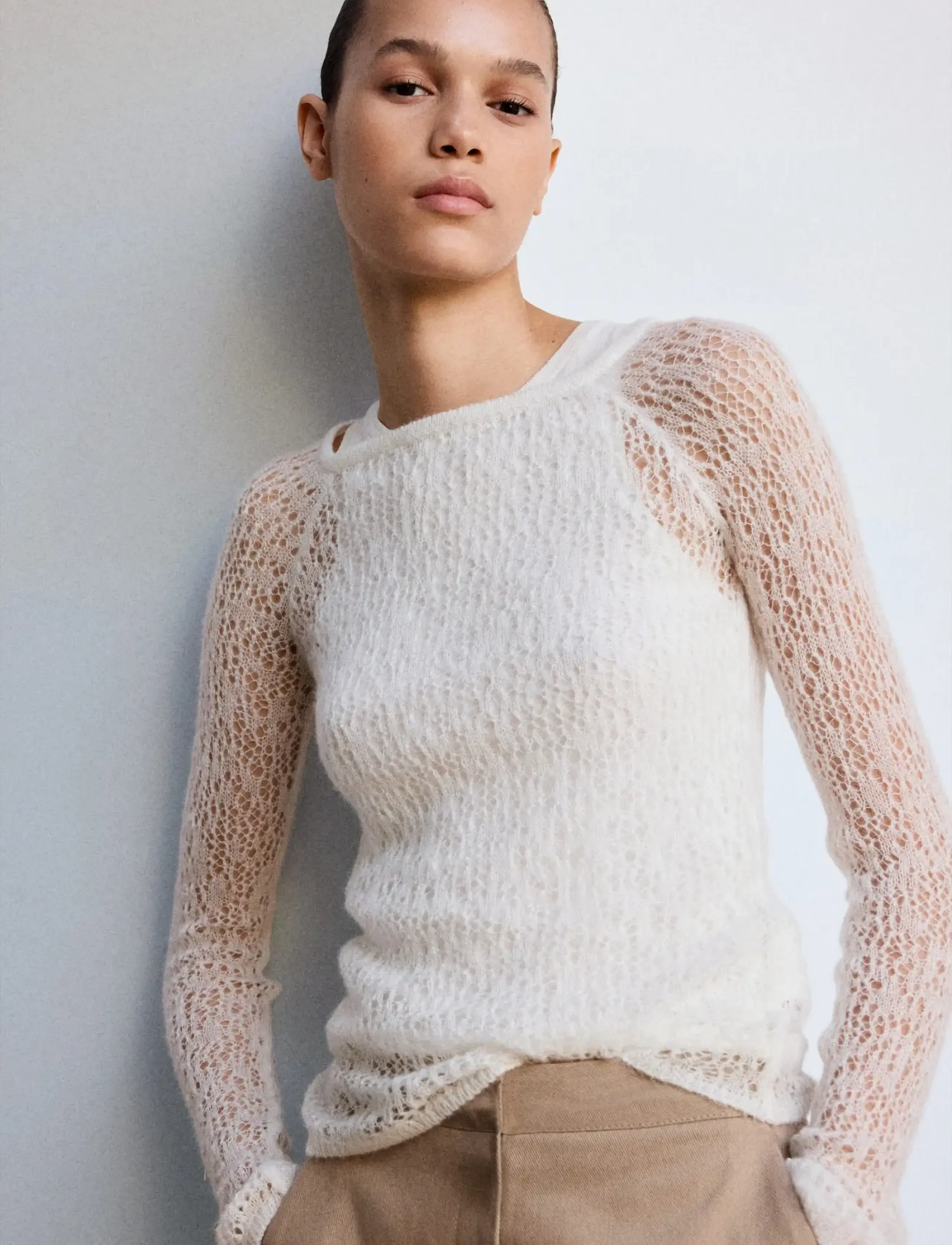 Mango - Openwork knitted jersey top with layered effect - stickade tröjor - light beige - 0
