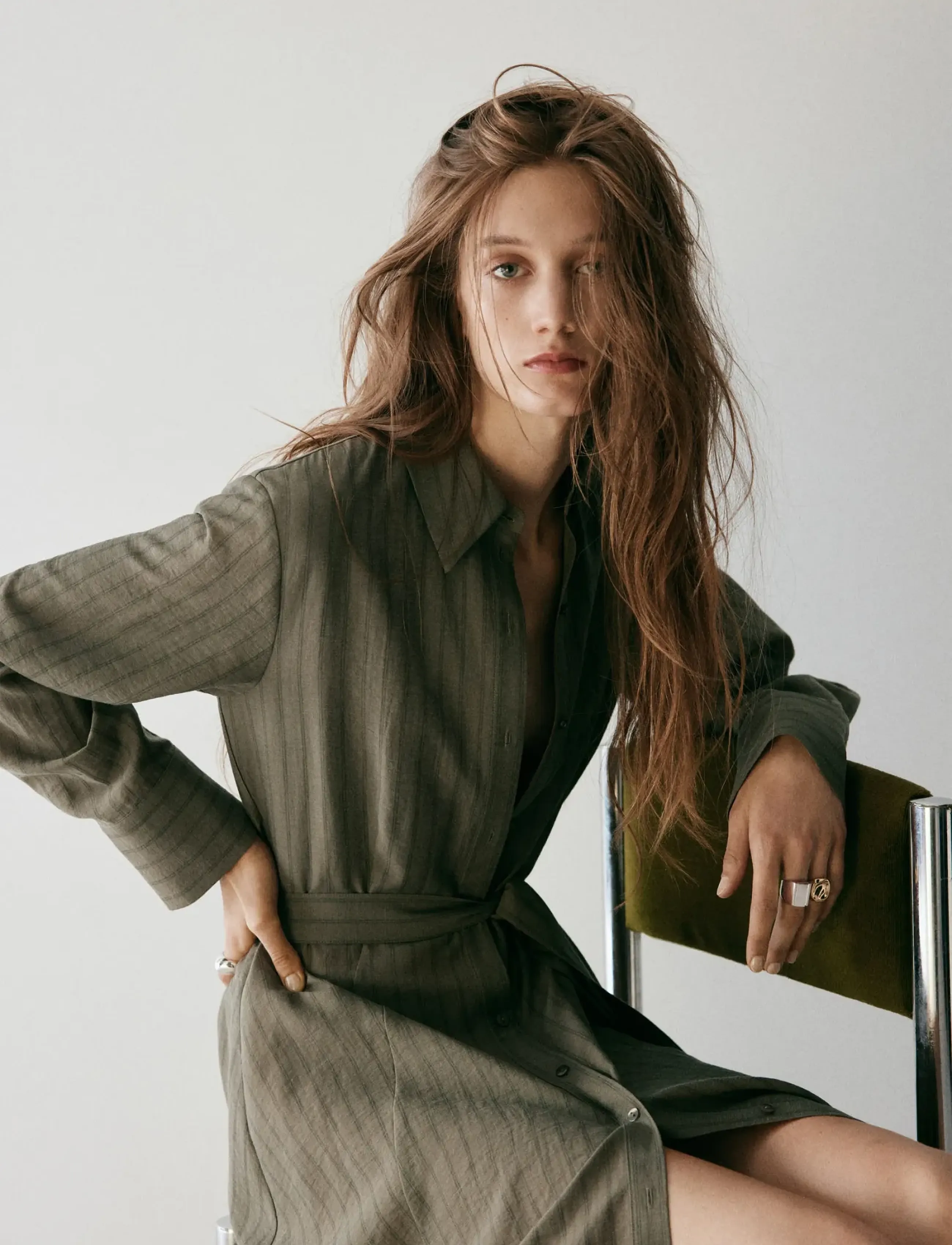 Mango Vestido camisero raya diplomática - Modetrender - BEIGE - KHAKI / khaki/green