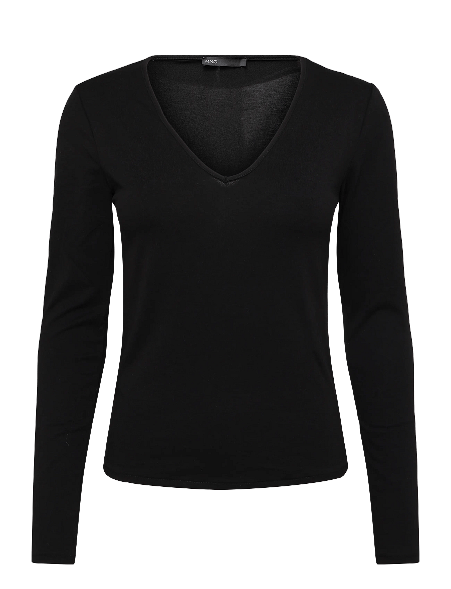 Mango - Fitted V-neck T-shirt - långärmade toppar - black - 0