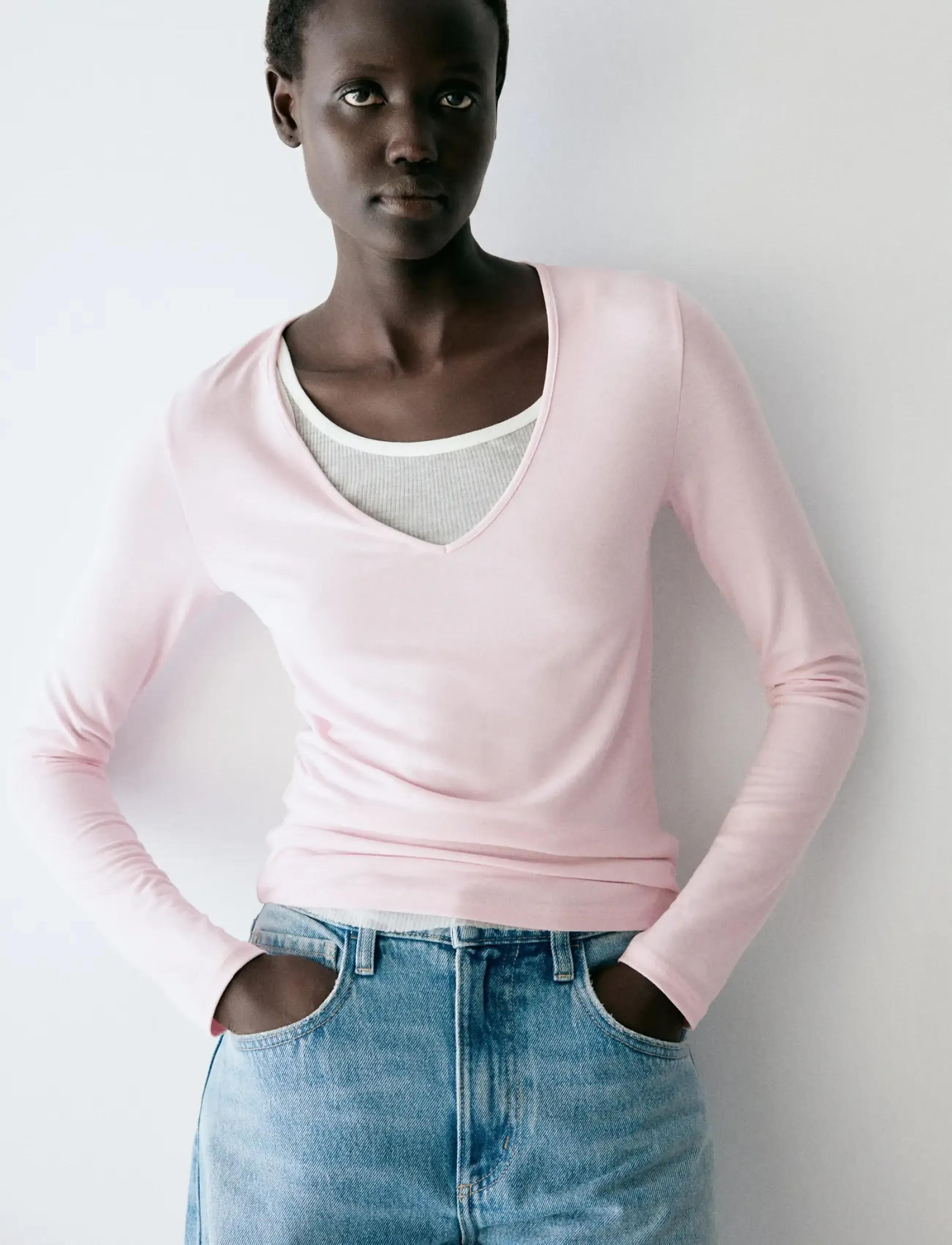Mango - Fitted V-neck T-shirt - langærmede toppe - pink - 0