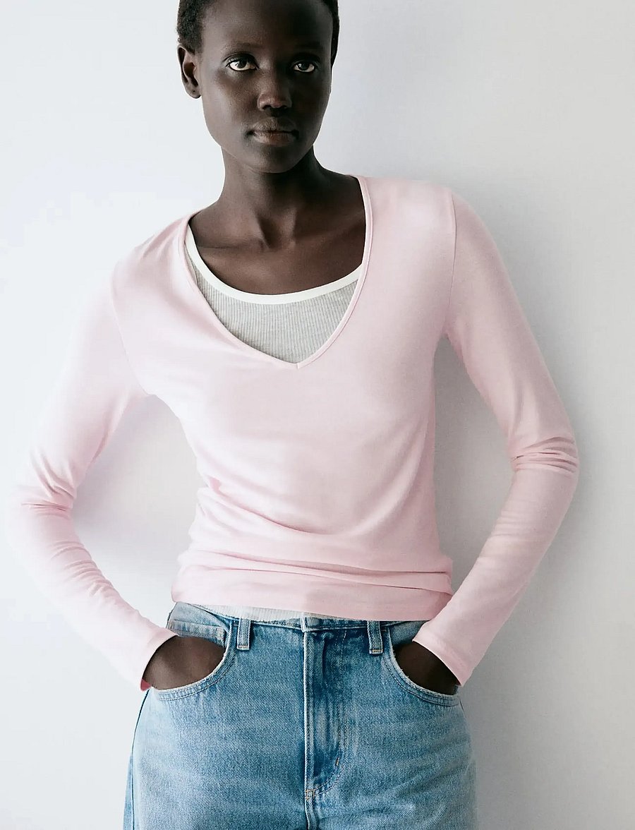 Mango - Fitted V-neck T-shirt - langærmede toppe - pink - 0