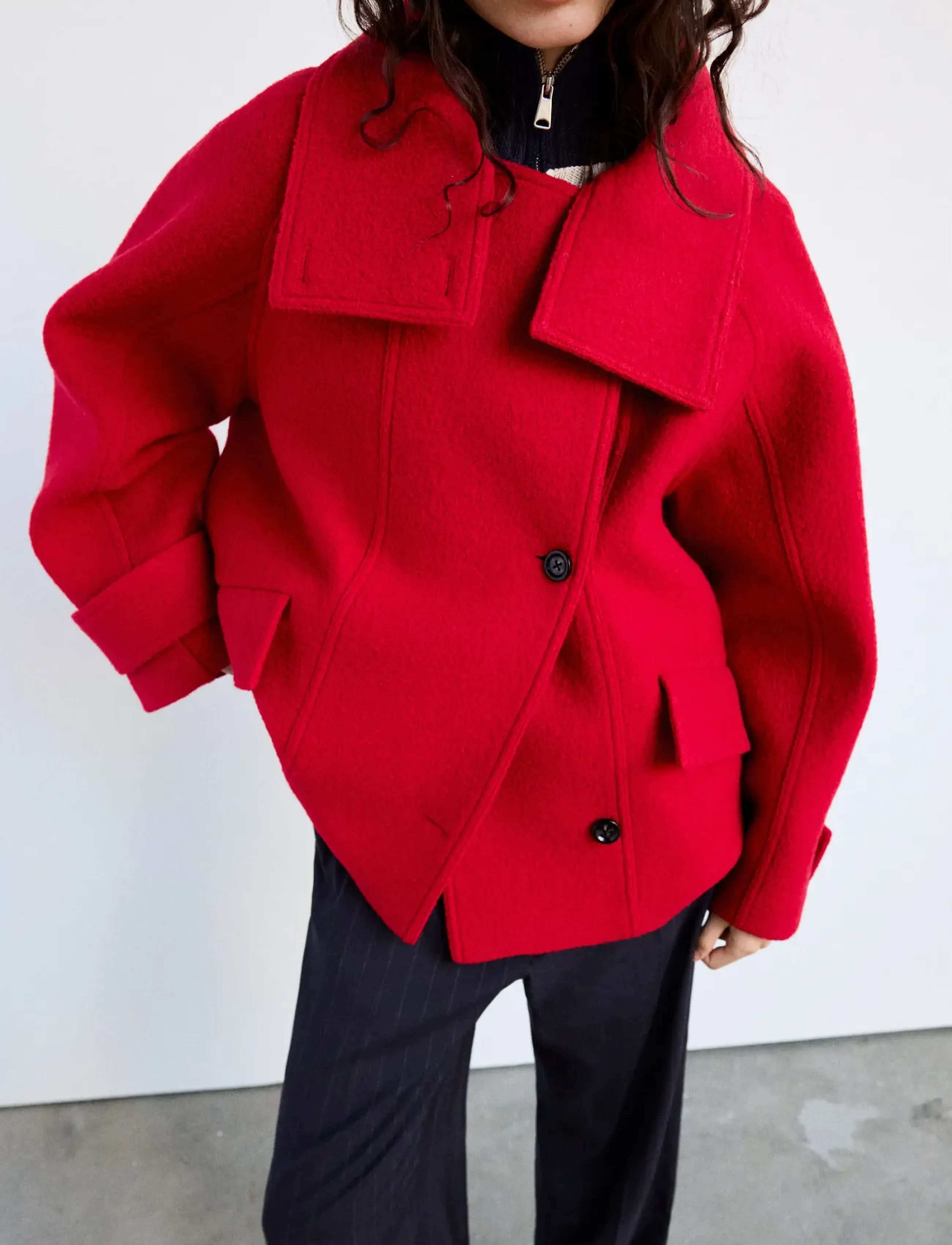 Mango 100% wool funnel-neck coat - Tøj - RED / red