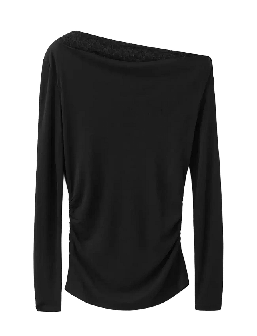Mango - Asymmetrical top with lace collar - speciella tillfällen - black - 0