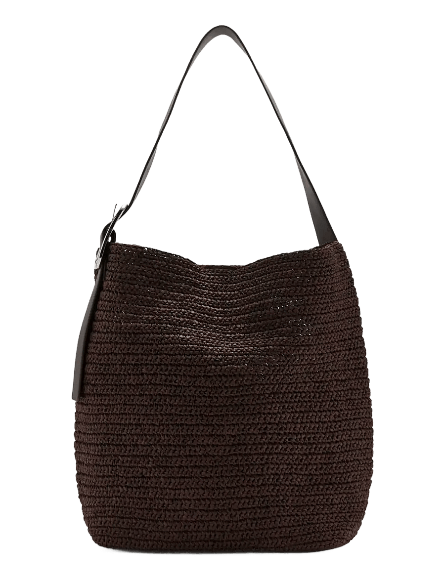 Mango - Natural fibre shopper bag with buckle detail - shoppere - dark brown - 0