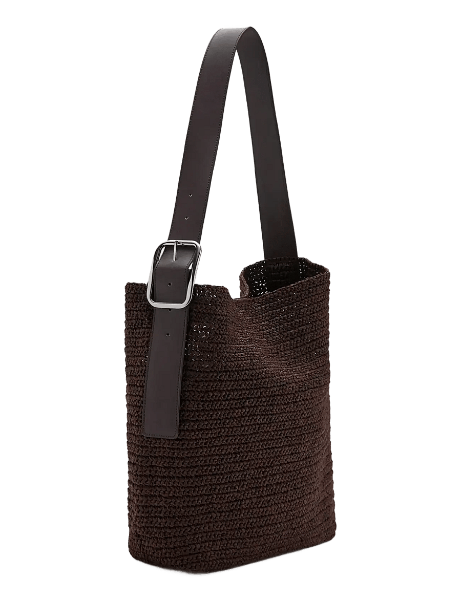 Mango - Natural fibre shopper bag with buckle detail - shoppere - dark brown - 1