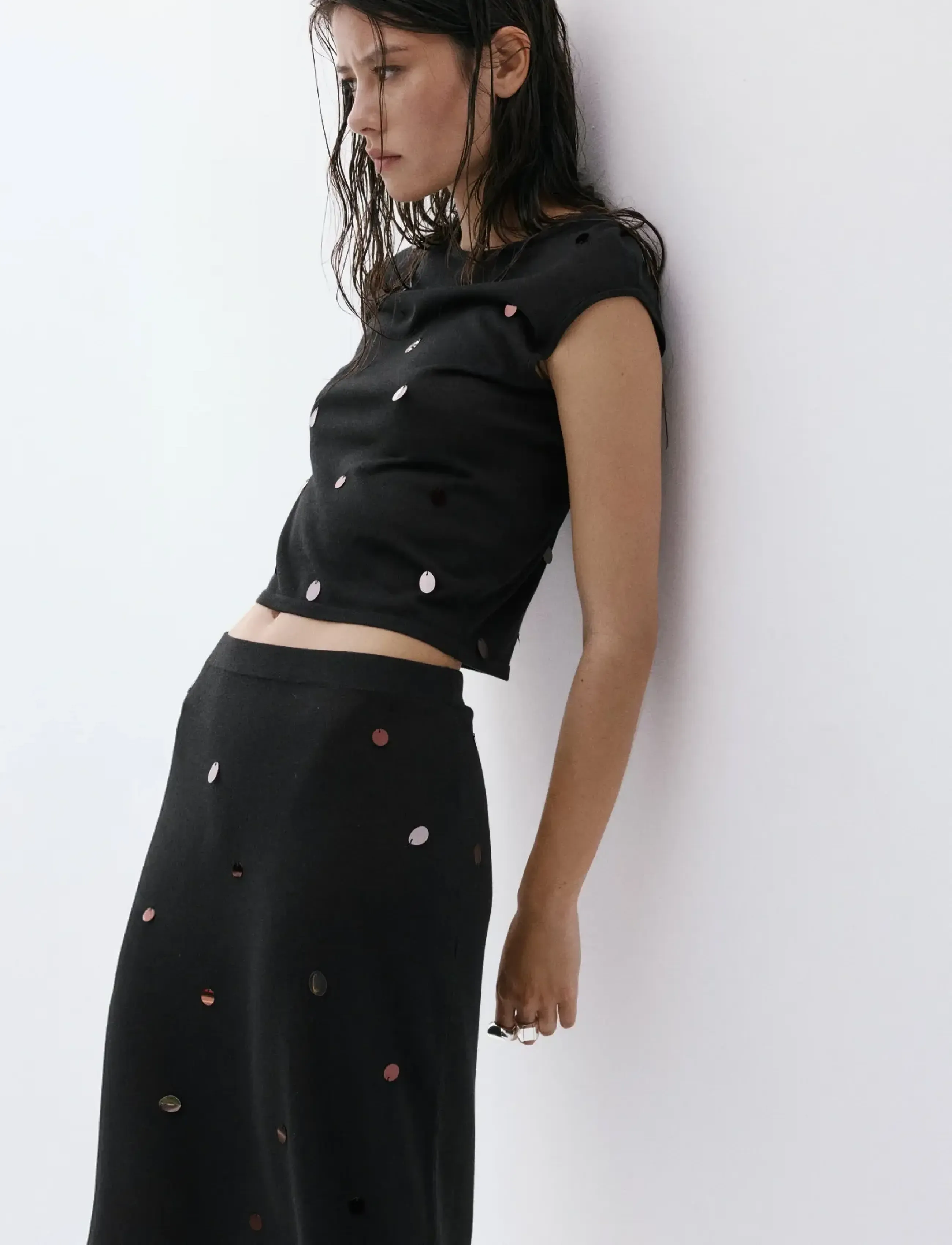 Mango Short-Sleeve Sequin Top, Kvinder, Kortærmet Paillettop, Sort, Str: L