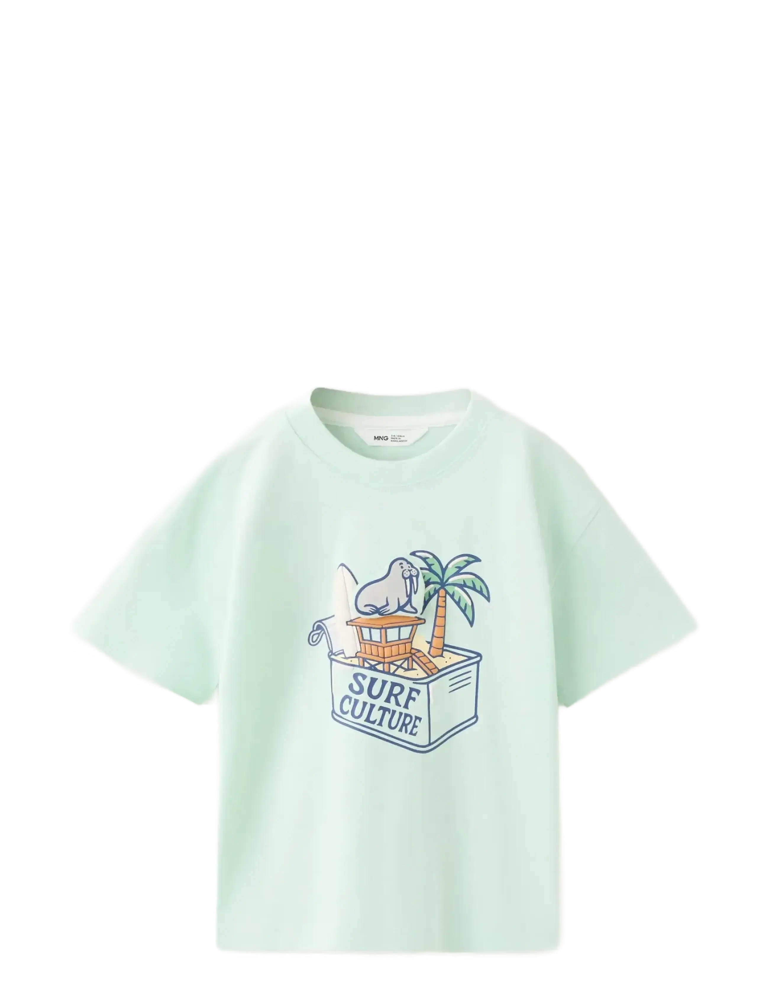 Mango Cotton T-Shirt With Surf Print, 110, T-shirts, Blau - Short-sleeved, Kinder
