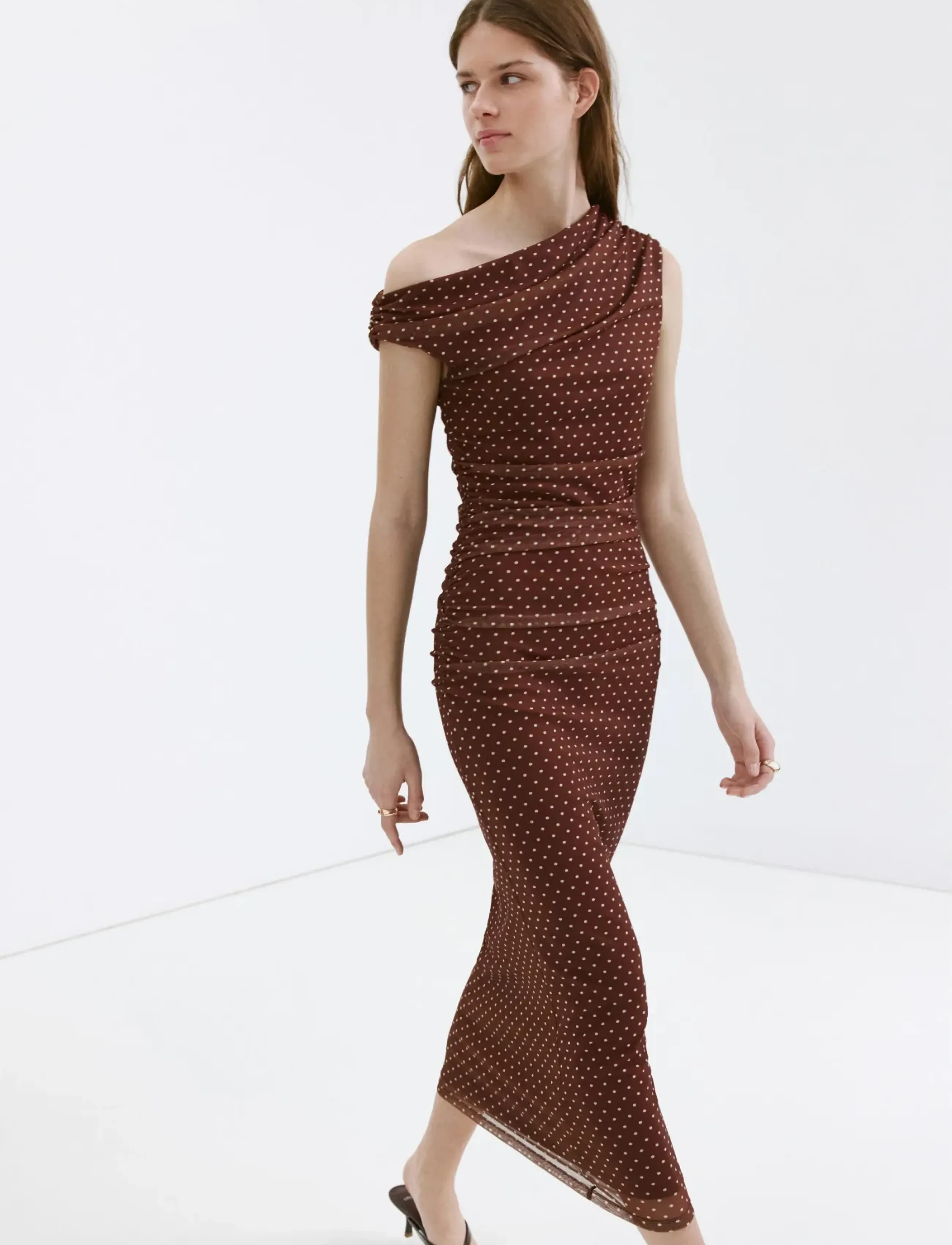 Mango Fitted Polka Dot Midi Dress, S, Brown, Kjoler > Knælange Og Midi, Dame