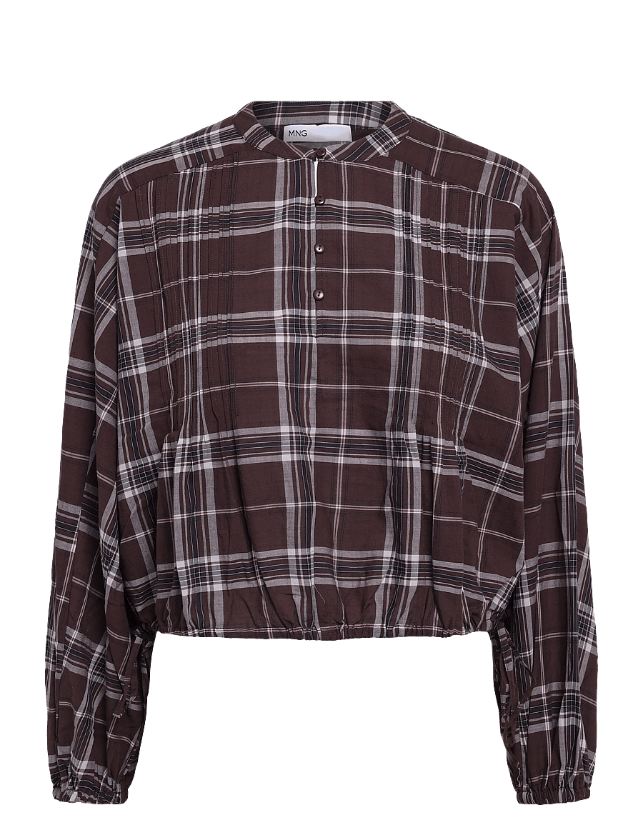 Mango - Checked shirt with puffed sleeves - långärmade skjortor - brown - 0