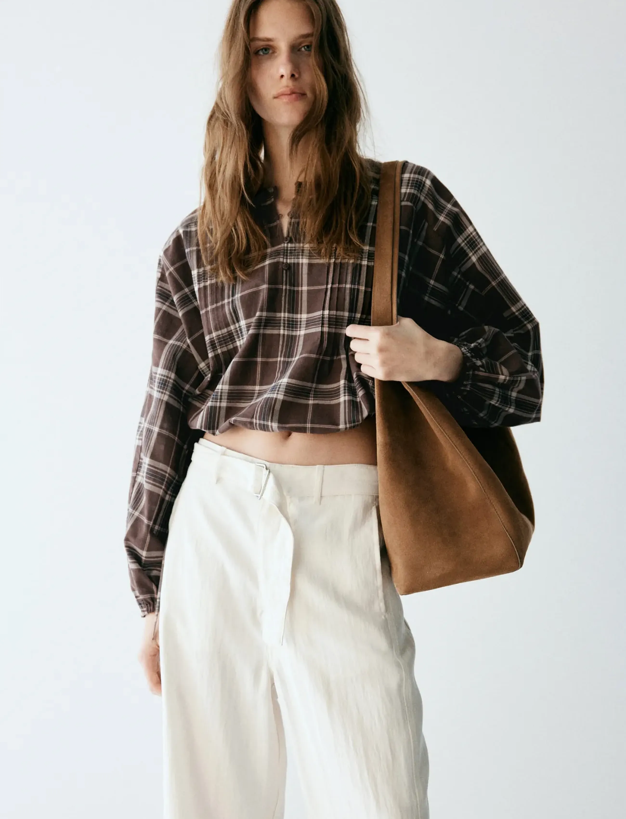 Mango - Checked shirt with puffed sleeves - långärmade skjortor - brown - 0