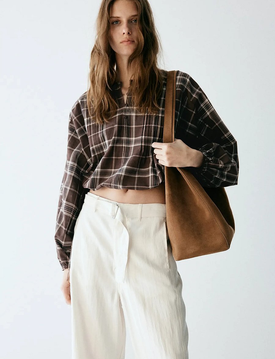 Mango - Checked shirt with puffed sleeves - långärmade skjortor - brown - 0