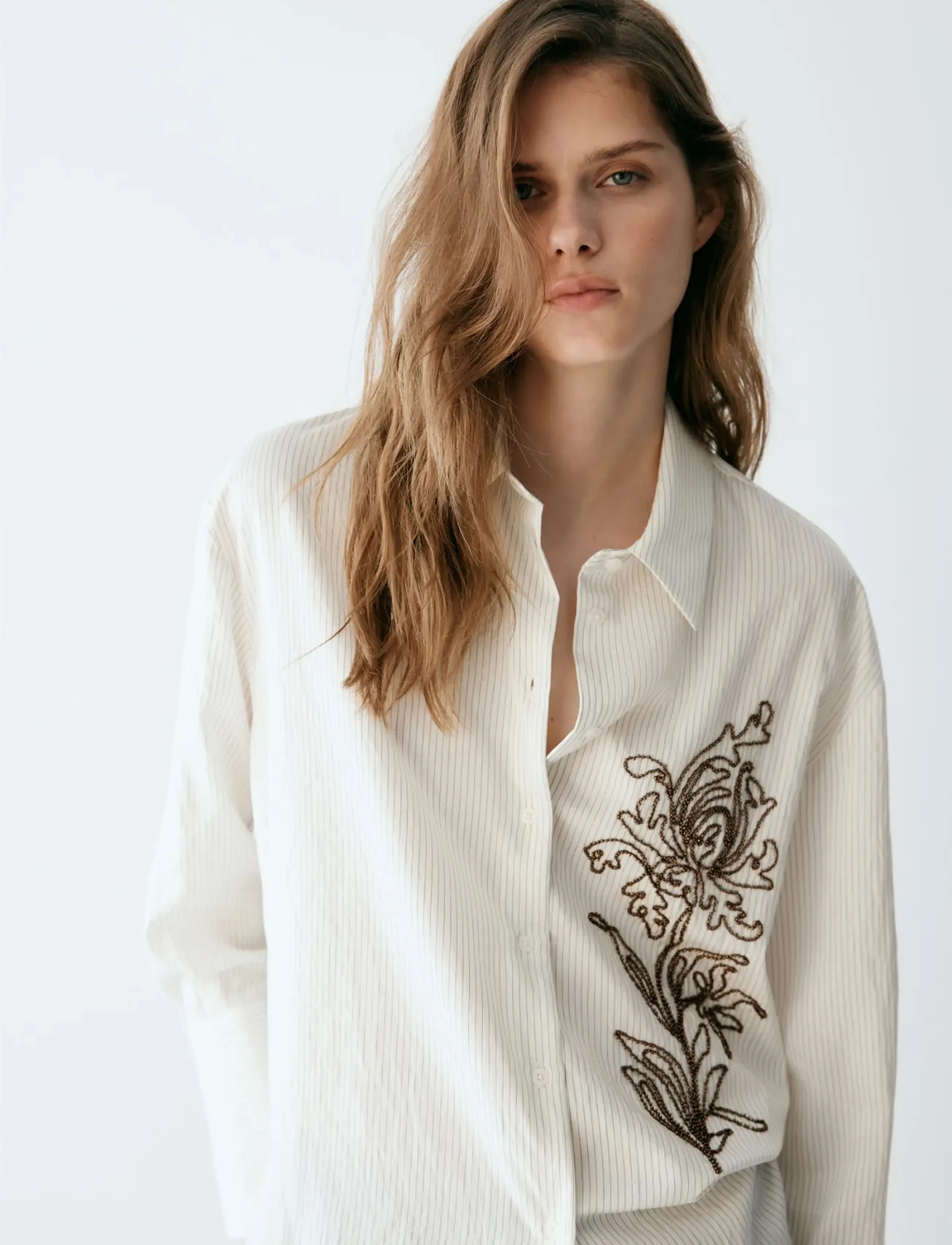 Mango - Flower embroidered striped shirt - långärmade skjortor - natural white - 0