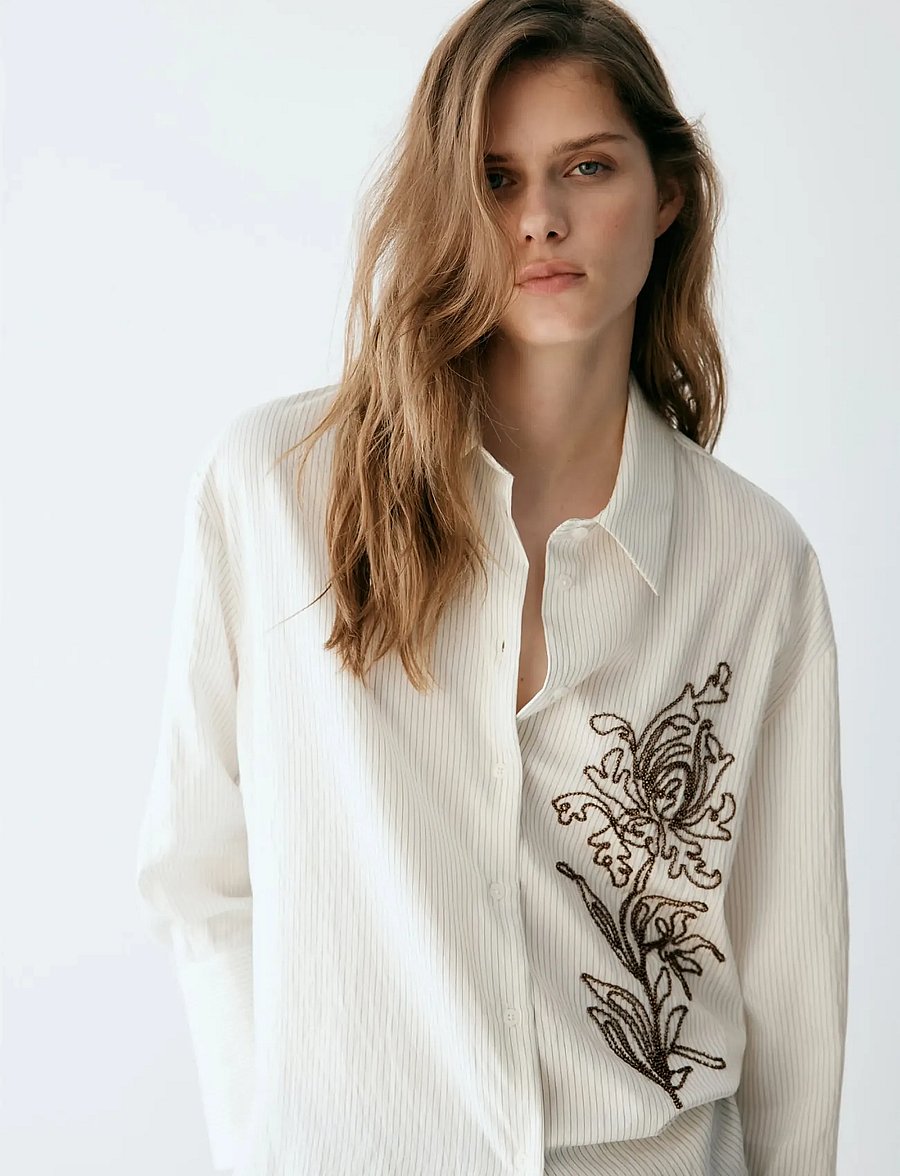 Mango - Flower embroidered striped shirt - långärmade skjortor - natural white - 0