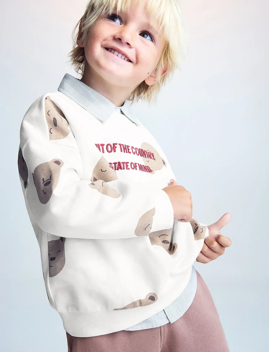 Mango - Cotton sweatshirt with teddy bear print - natural white - 0