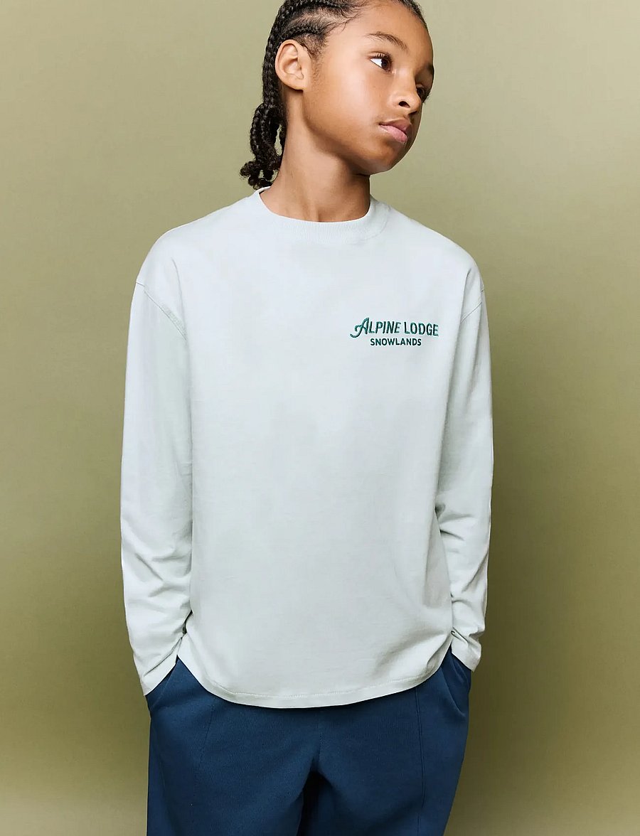 Mango - Cotton T-shirt with print detail - langærmede t-shirts - turquoise - aqua - 0