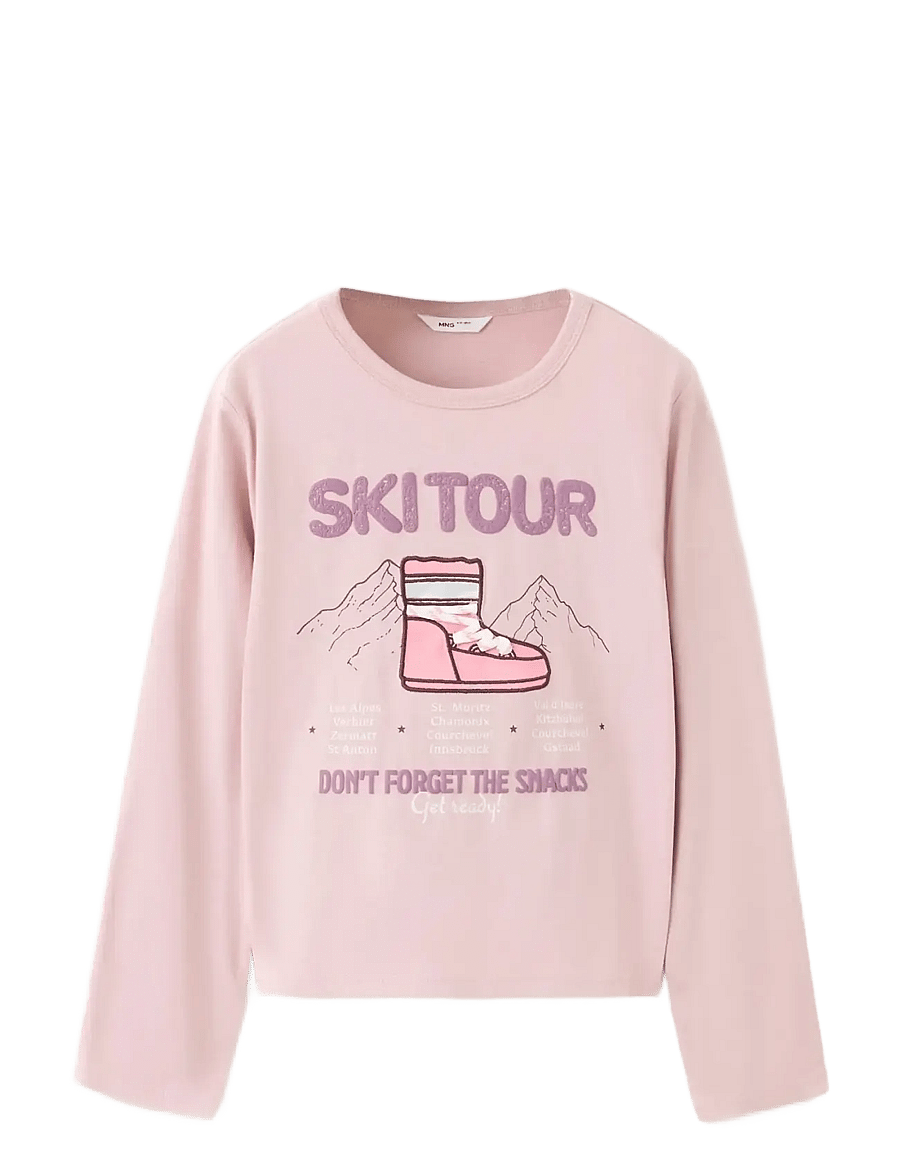Mango - Cotton T-shirt with print detail - långärmade t-shirts - pink - 0