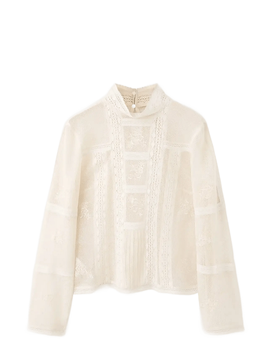 Mango - Embroidered high-neck blouse - langærmede bluser - light beige - 0