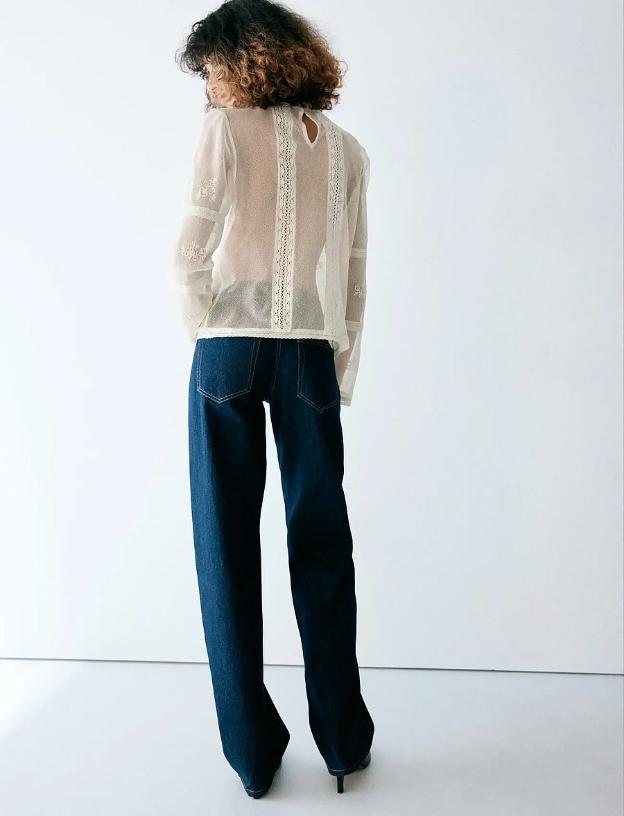 Mango - Embroidered high-neck blouse - langærmede bluser - light beige - 1