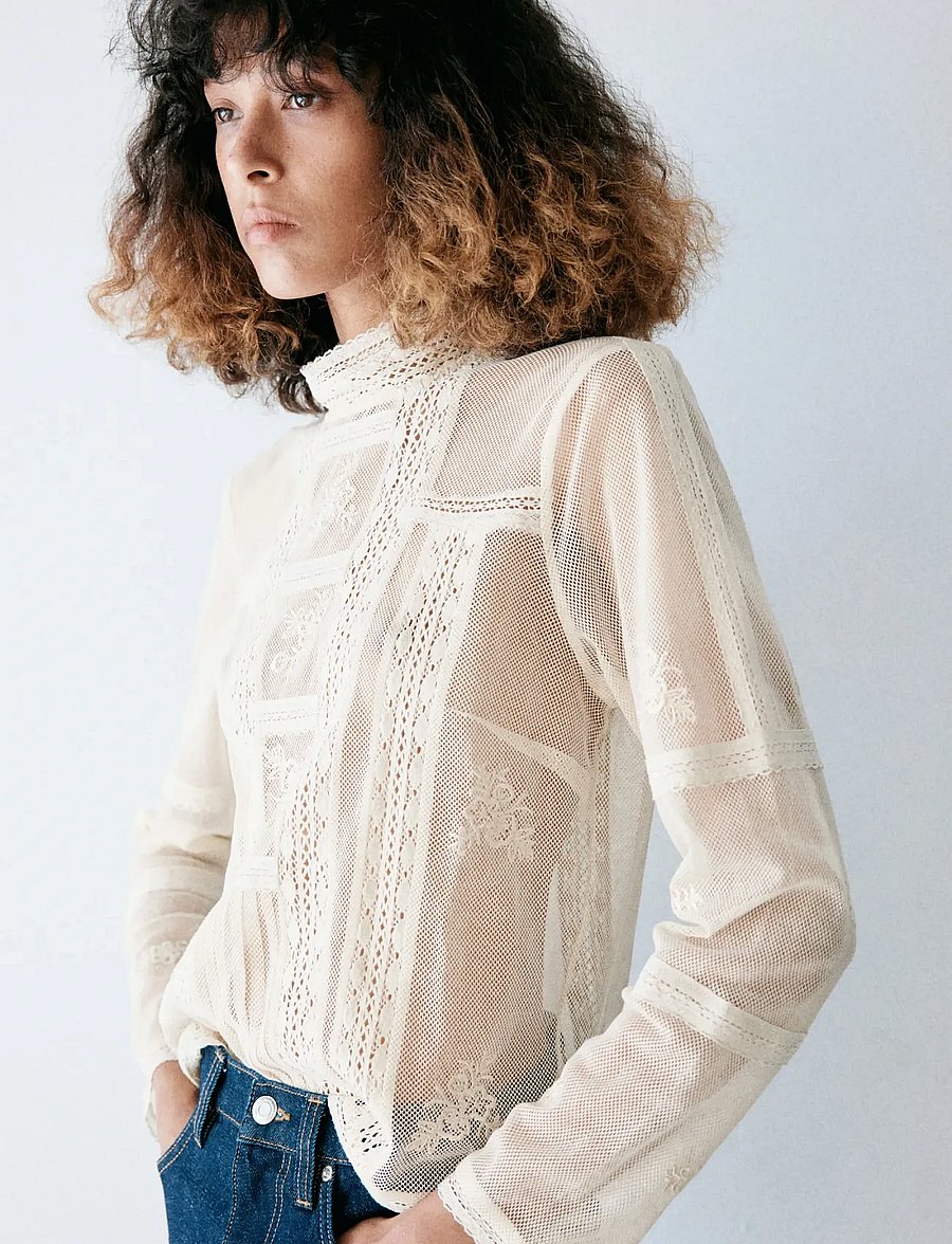 Mango - Embroidered high-neck blouse - langærmede bluser - light beige - 2